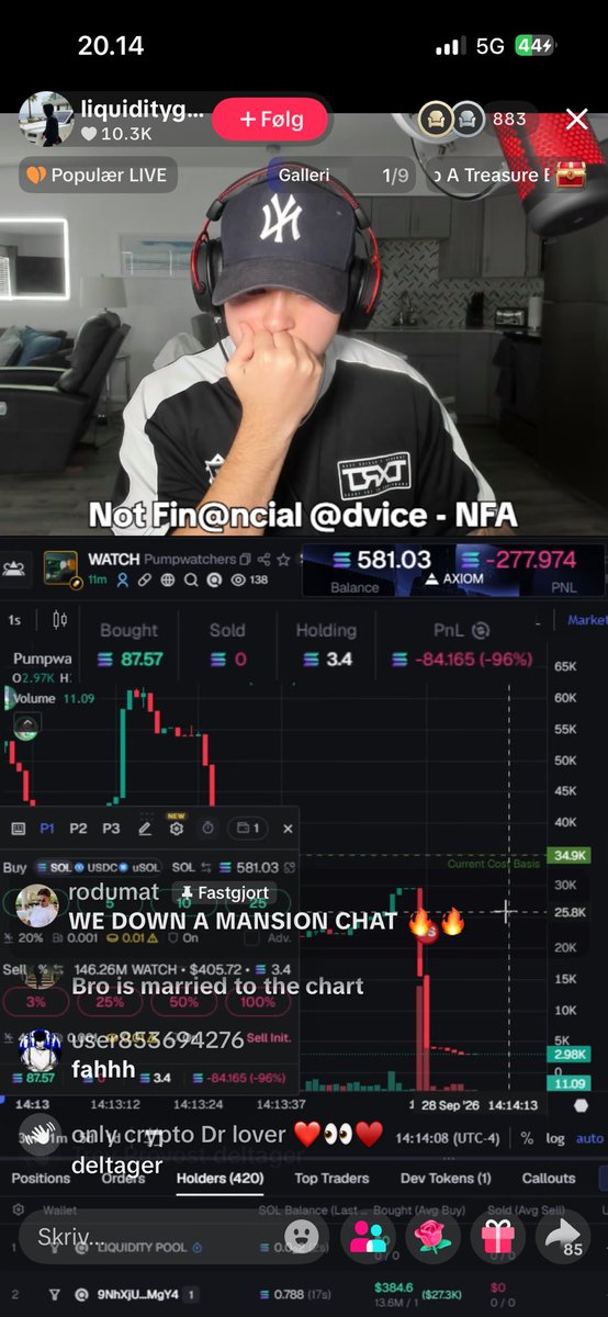 CryptoSenius's tweet photo. Watched this guy on TikTok. Blowing 277 SOL in a couple of hours. Just buying and buying.

The trading no one lets you see.

This is gambling at its highest level.

Don't! Do that. https://t.co/IvZNySy8bh