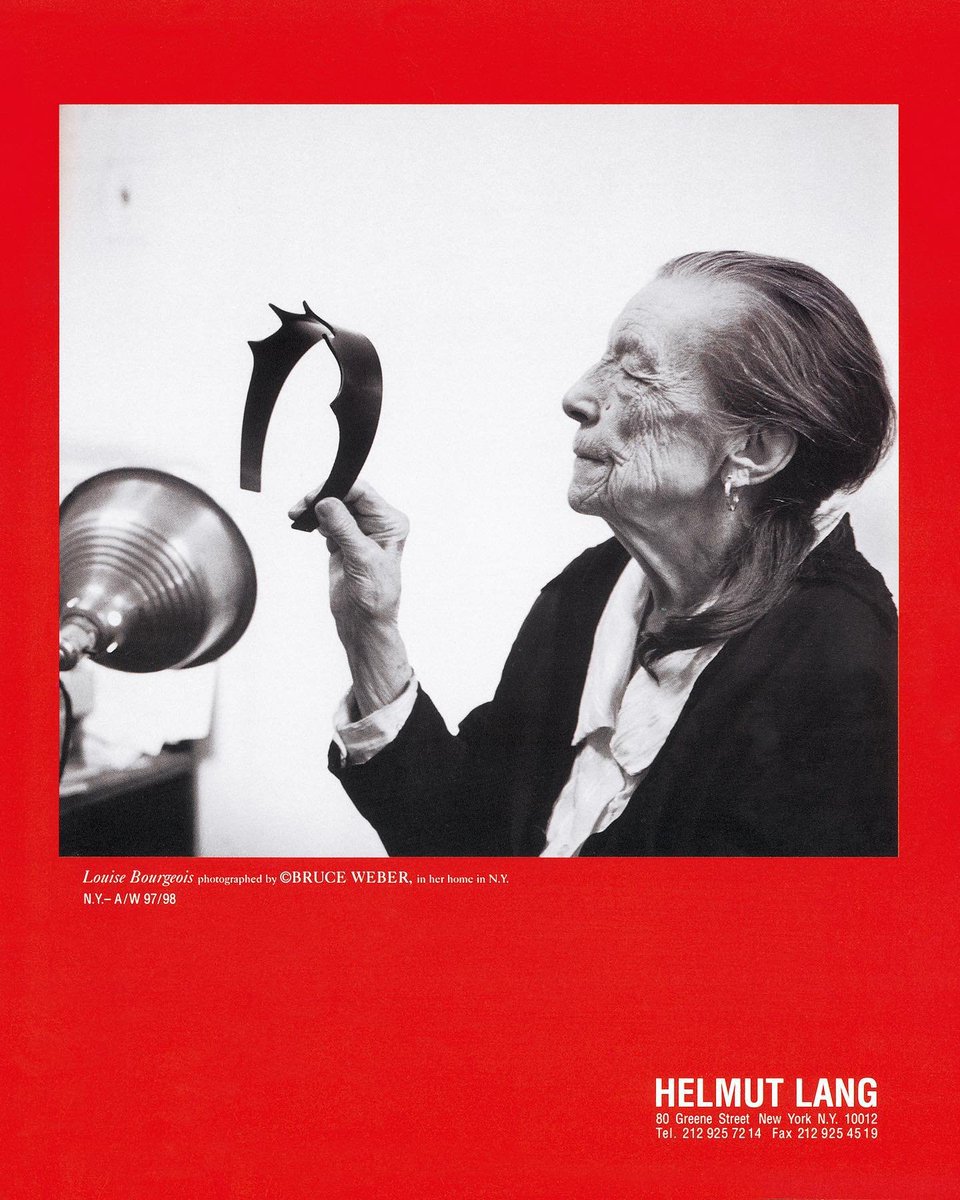 hollycurates's tweet photo. still fascinated by how Helmut Lang got so deeply involved with contemporary artists that he eventually left fashion to become an artist himself. INSPIRING moves

1/ Louise Bourgeois photographed by Bruce Weber for Helmut Lang, A/W 1997-98
2/ Robert Mapplethorpe, Heart and Dagger, 1982, used for Helmut Lang Jeans, S/S 1997
3/ Jenny Holzer, text for Helmut Lang Parfums, The New York Times, 2001, following their 1996 “I Smell You on My Clothes” Florence Biennale collab