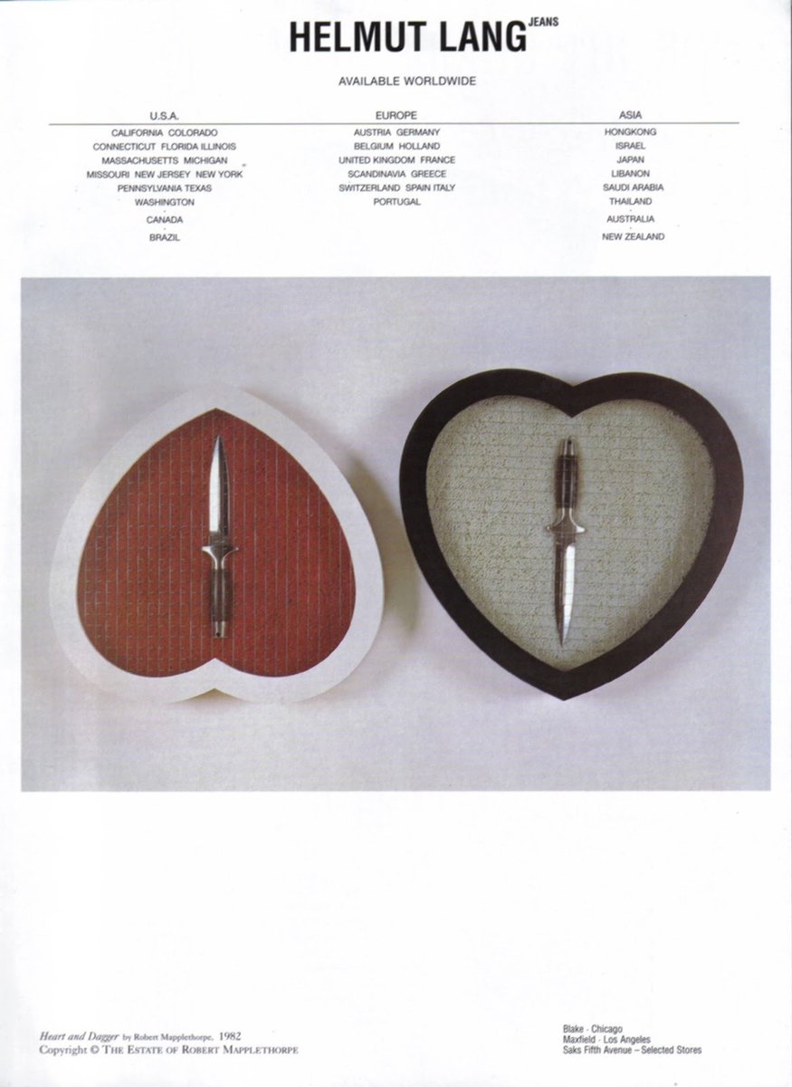hollycurates's tweet photo. still fascinated by how Helmut Lang got so deeply involved with contemporary artists that he eventually left fashion to become an artist himself. INSPIRING moves

1/ Louise Bourgeois photographed by Bruce Weber for Helmut Lang, A/W 1997-98
2/ Robert Mapplethorpe, Heart and Dagger, 1982, used for Helmut Lang Jeans, S/S 1997
3/ Jenny Holzer, text for Helmut Lang Parfums, The New York Times, 2001, following their 1996 “I Smell You on My Clothes” Florence Biennale collab