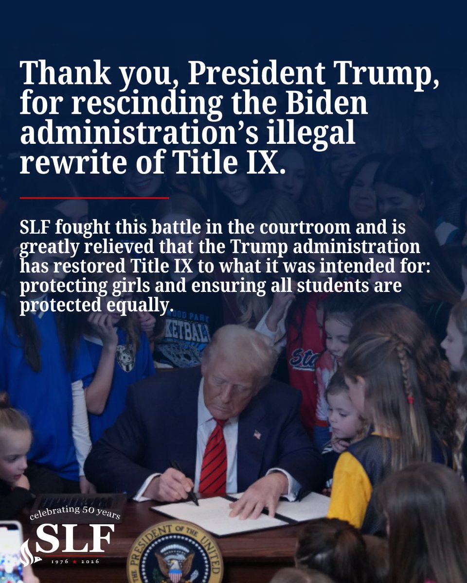 slf_liberty's tweet photo. Title IX was designed to protect students from sex-based discrimination and ensure equal opportunity in education.

SLF has fought in court to defend those protections and will continue standing up for students, parents, and schools when constitutional rights are at stake.

We cannot thank President Trump enough for his actions to finally rescind this dangerous and illegal re-definition of Title IX.