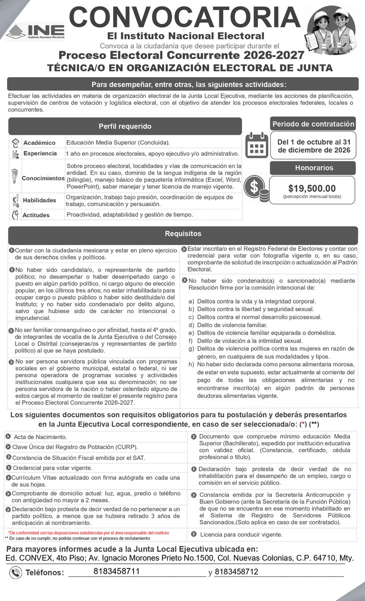 inenuevoleon's tweet photo. ¿Buscas empleo? 📢
La Junta Local Ejecutiva del #INE te invita a participar en la convocatoria para ocupar la plaza de Técnica/o en Organización Electoral de Junta.
💰 Percepción mensual bruta: $19,500  📅Periodo de contratación: del 1 de octubre al 31 de diciembre de 2026. https://t.co/Zg33UPZP3D