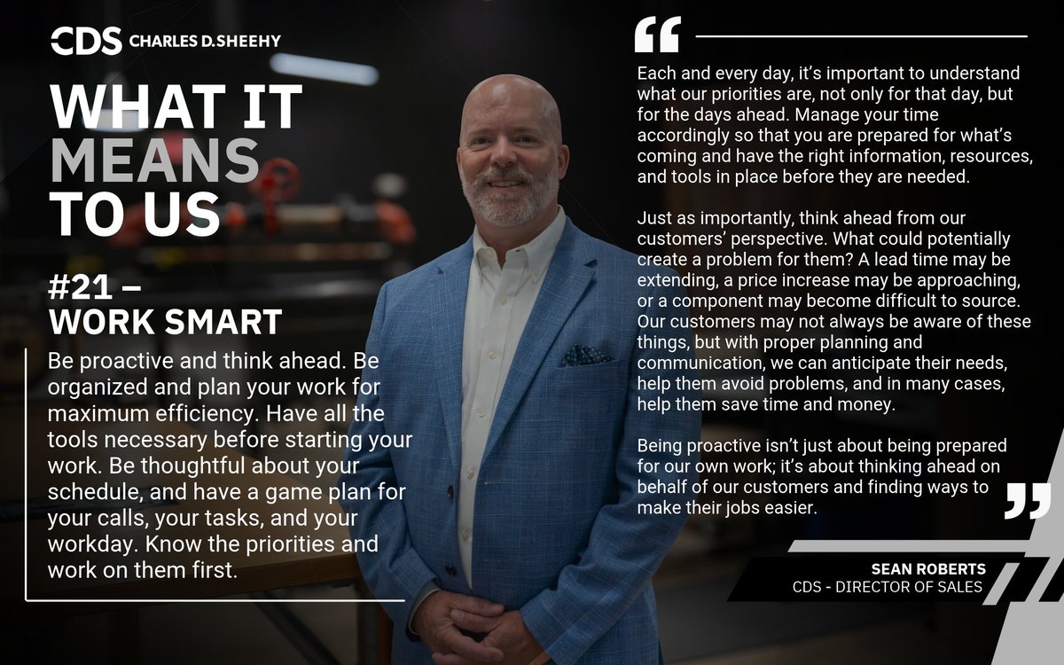 CharlesDSheehy's tweet photo. Work Smart means thinking ahead, staying organized, and being prepared for what comes next.

Sean Roberts, Director of Sales, shares what Sheehy Standard #21 means to him and how proactive planning helps keep our partners moving forward.

#SheehyStandards #TeamCDS https://t.co/FZxUBhzRNf
