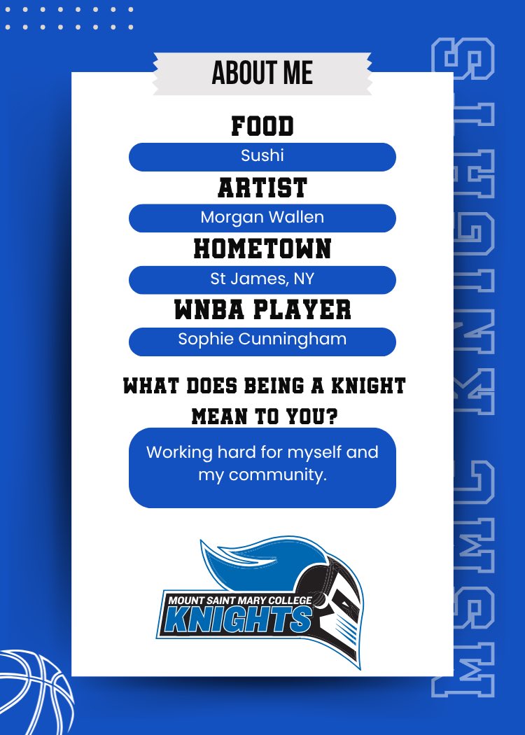 wbb_knights's tweet photo. You know them on the court. Now get to know the person behind the jersey! 🏀⚔️

Next Knight up… Darcy  DeBenedittis💙

Favorites, fun facts⬇️

I can drive a Boat

I wear this jersey because it’s the number I started playing with

My hidden talent is crafting
#GoKnights #MSMCWBB https://t.co/PBeR4nMr4R