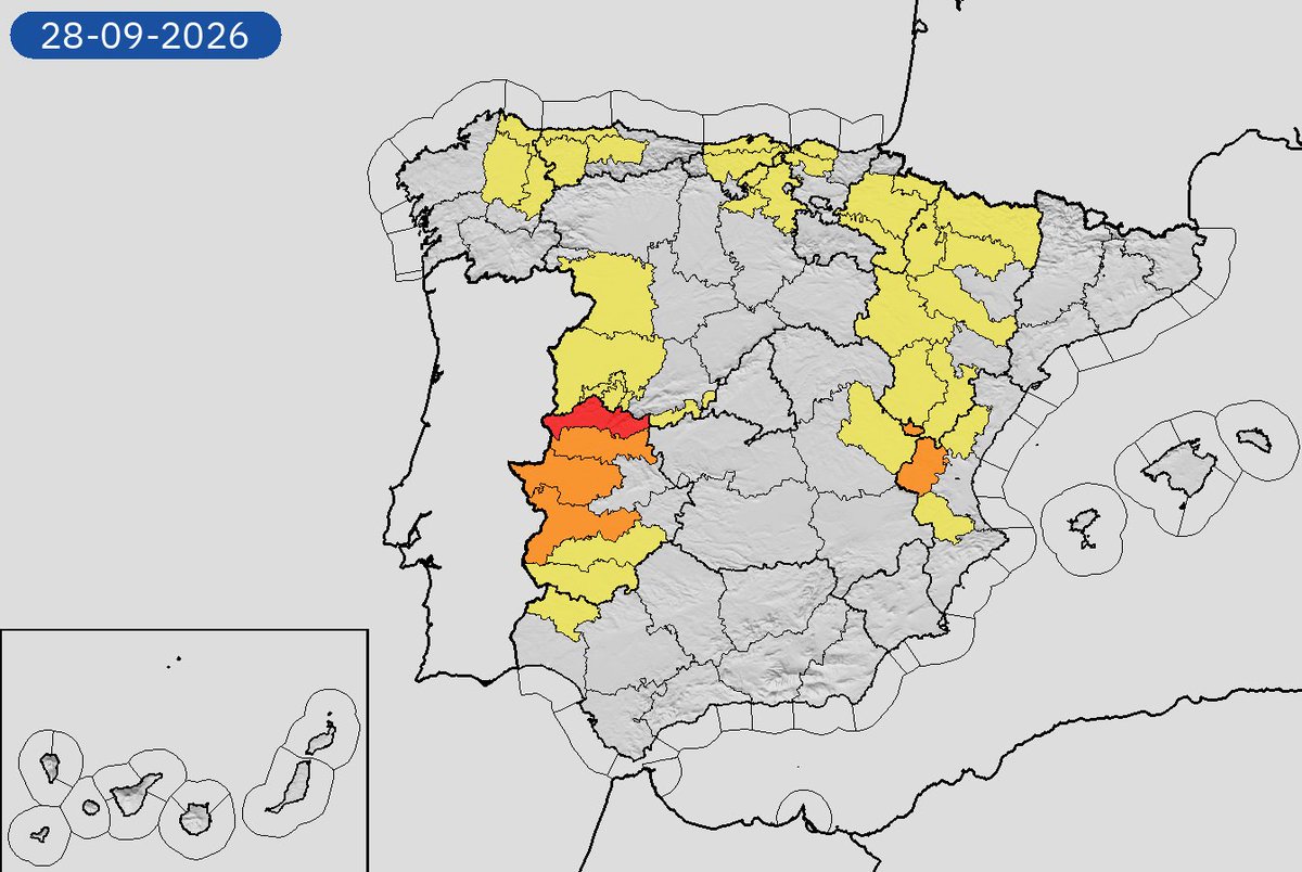 AEMET_Esp's tweet photo. 28/09 20:24 AVISOS HOY Y MAÑANA | España: lluvias, tormentas, vientos y costeros. Nivel máximo de aviso: rojo.
Actualizaciones en https://t.co/BLdoSsO2Qv https://t.co/9sH3vu14zS