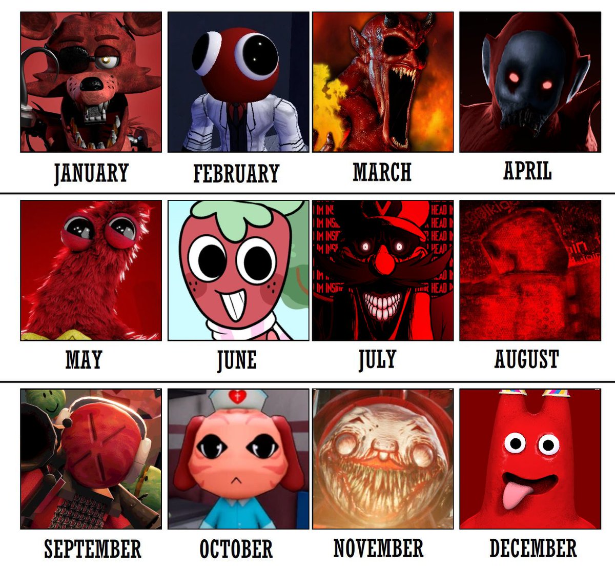 pkfnafsfm's tweet photo. Your birth month, your character

(Red, Orange, Yellow, Green)

#IndieHorror #MascotHorror #Roblox https://t.co/bGPmcJm3xn