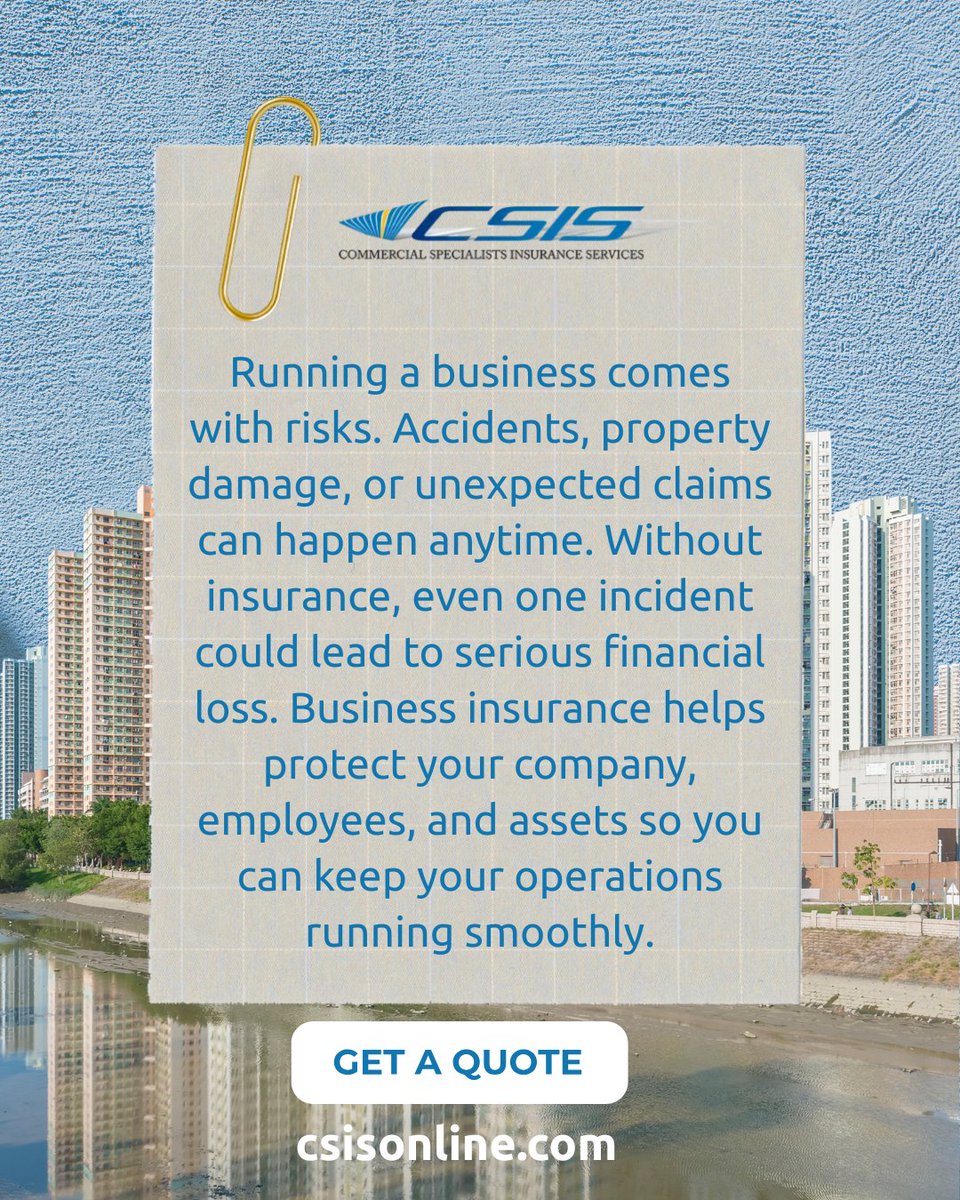 CSISInsurance1's tweet photo. Protect what you've worked hard to build! Business insurance helps small businesses manage unexpected risks and financial losses. π‘οΈ
Learn more: https://t.co/ULOSrMmdUE
#BusinessInsurance #SmallBusiness #RiskManagement #BusinessProtection #CSIS https://t.co/F2M0HBmmsg