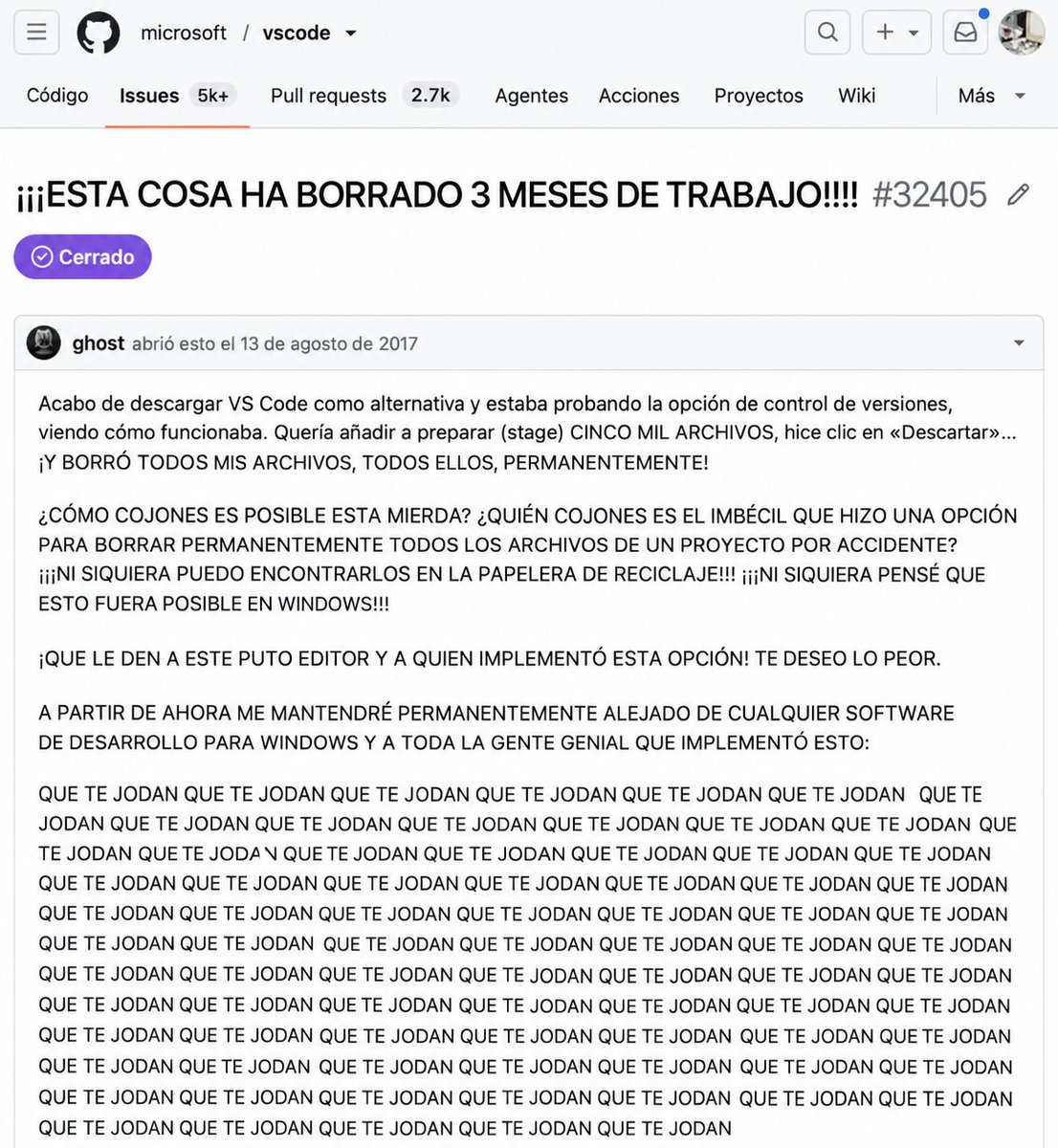 PoxiiiTV's tweet photo. Tres meses de trabajo.
5.000 archivos.
VS Code: «¿Descartar 5.000 archivos?»

El dev: «sí 👍»

💀 https://t.co/3ALbq1Plpi