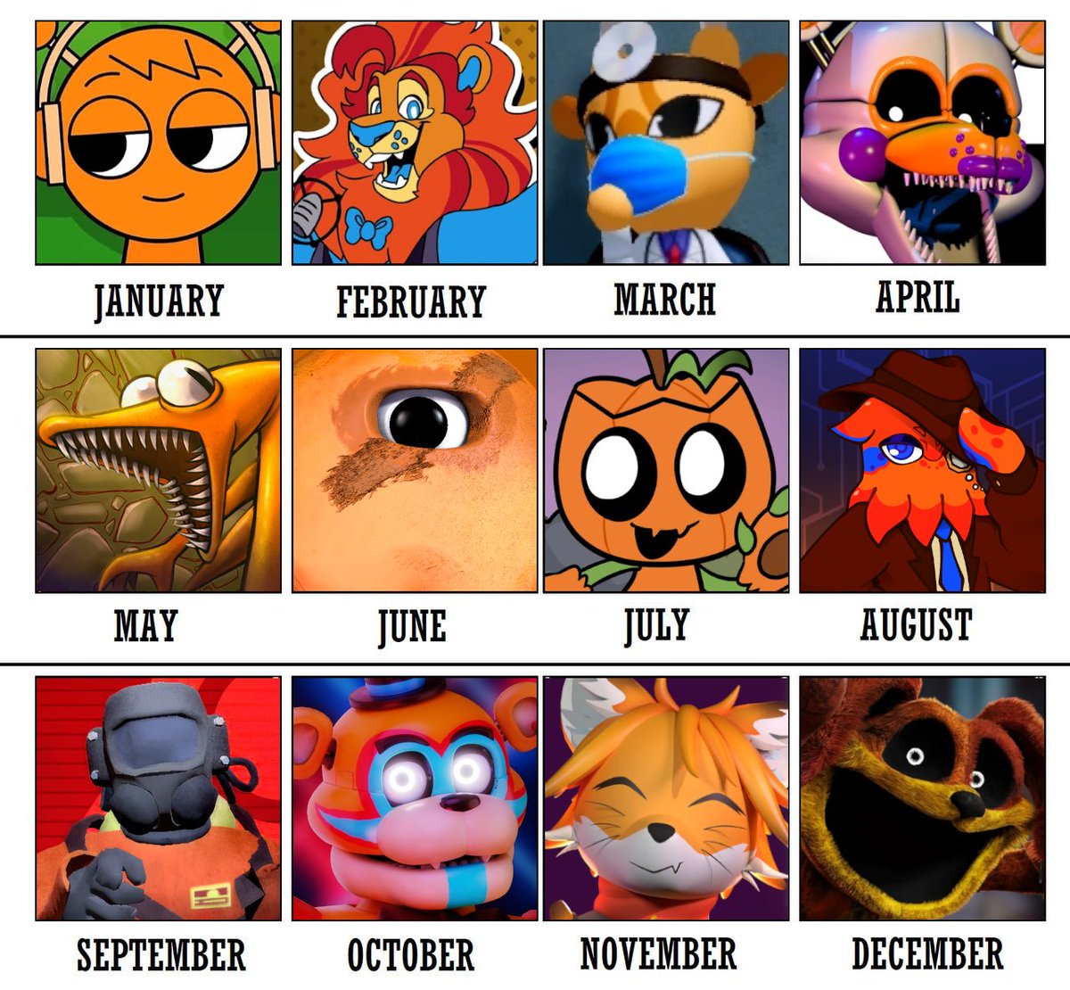 pkfnafsfm's tweet photo. Your birth month, your character

(Red, Orange, Yellow, Green)

#IndieHorror #MascotHorror #Roblox https://t.co/bGPmcJm3xn