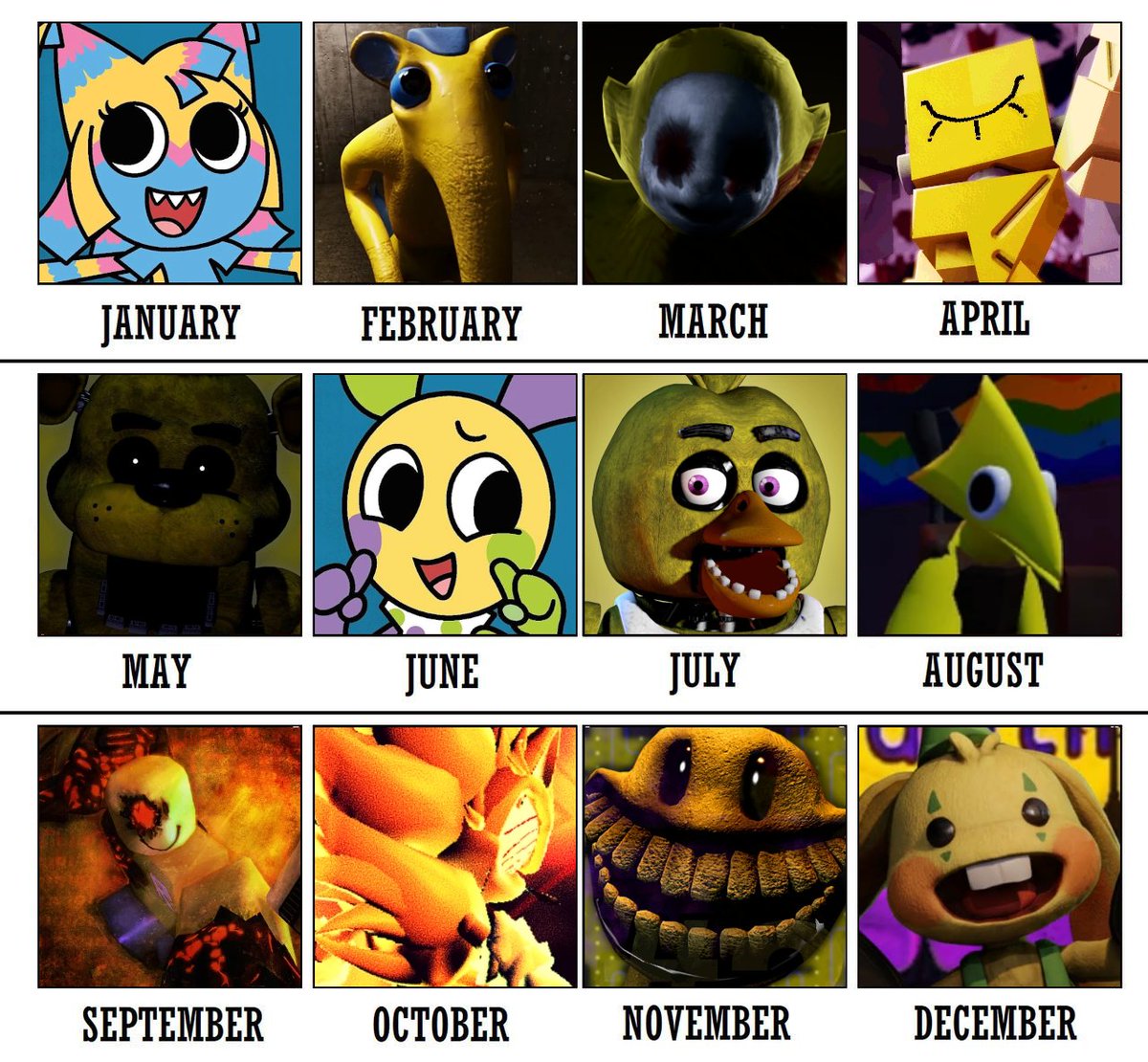 pkfnafsfm's tweet photo. Your birth month, your character

(Red, Orange, Yellow, Green)

#IndieHorror #MascotHorror #Roblox https://t.co/bGPmcJm3xn