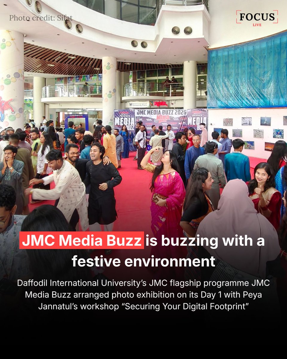 FocusLive24's tweet photo. JMC Media Buzz 2026 kicks off in a festive atmosphere! 

Day 1 featured a vibrant photo exhibition alongside Peya Jannatul's workshop on "Securing Your Digital Footprint."   

#JMCMediaBuzz #PeyaJannatul #Dhaka #jmconlinemojo @MoJoJamil https://t.co/tvquQEAVSw