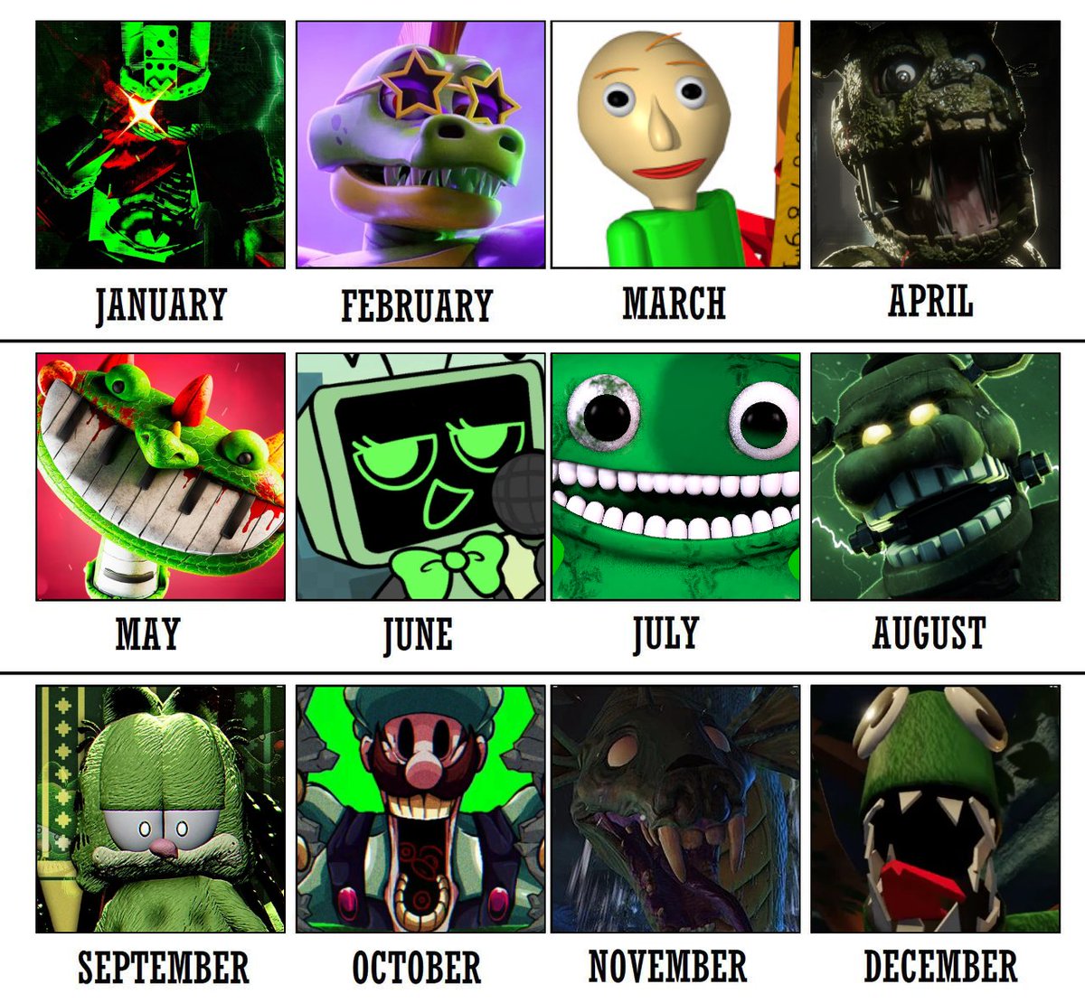 pkfnafsfm's tweet photo. Your birth month, your character

(Red, Orange, Yellow, Green)

#IndieHorror #MascotHorror #Roblox https://t.co/bGPmcJm3xn
