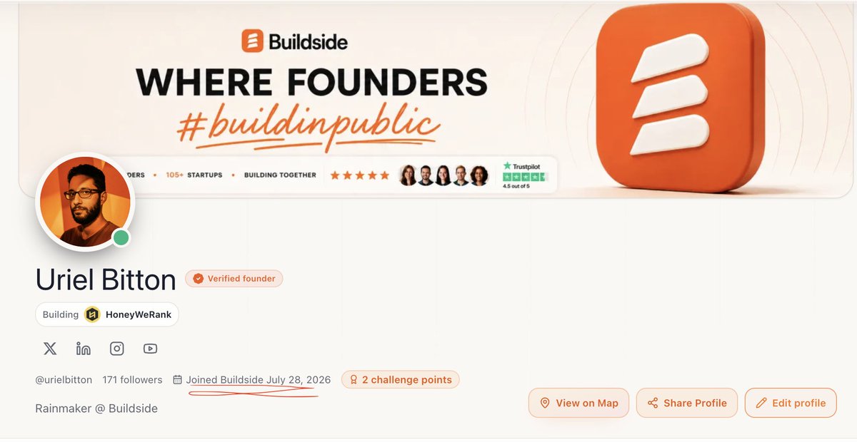 uriel_builds's tweet photo. I joined Buildside as a founder exactly 2 months ago.
Of course I was the only user on the platform.
Then i built it in public and grew it to 299 users today !
#letsgoo !!! https://t.co/gmNYkIJPGk