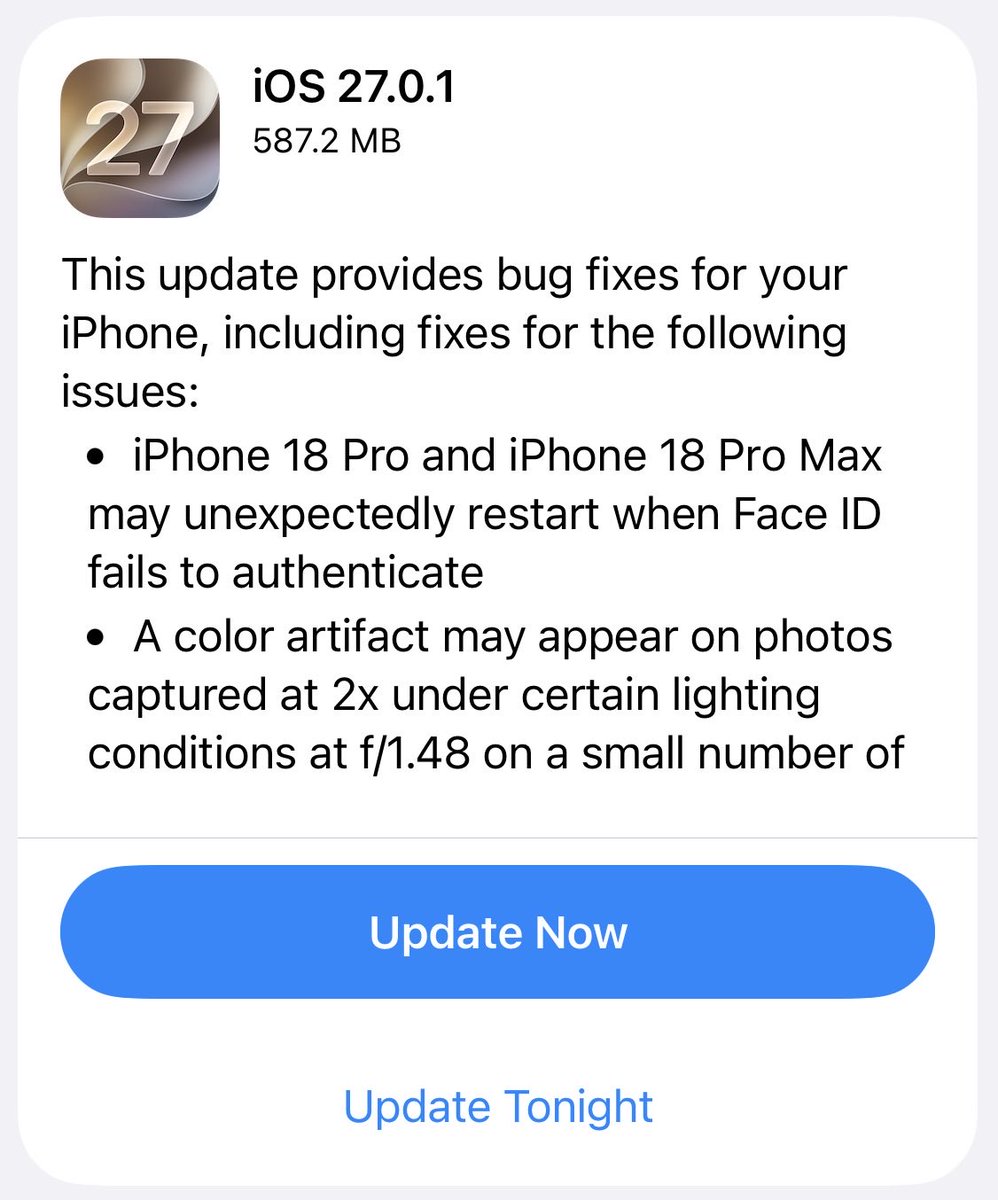 metesadioglu's tweet photo. iOS 27.0.1 güncellemesi yayımlandı. https://t.co/YY1dCN4UJV
