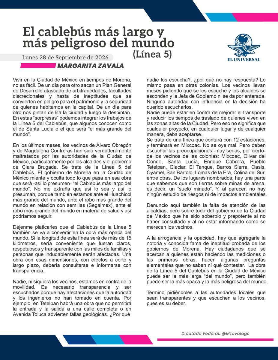 Mzavalagc's tweet photo. En los últimos meses, los vecinos de Álvaro Obregón y de Magdalena Contreras han sido verdaderamente maltratados por las autoridades de la #CDMX, particularmente por los alcaldes y el gobierno de Clara Brugada. Se trata de la Línea 5 del Cablebús.

Les comparto mi artículo de esta semana para @El_Universal_Mx: https://t.co/SkwRRkGmUn
