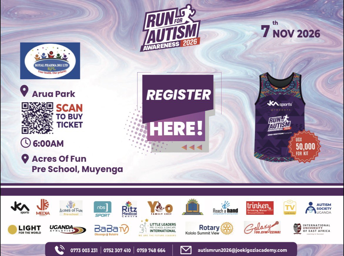 JKA_autismrun's tweet photo. π½ Autism Run 2026 kits are ready!
Pick up or buy yours at Royal Pharmacy .
π Saturday 7 November 2026
π Acres of Fun, Muyenga
π° UGX 50,000
Already registered? Bring your receipt or scan to buy a ticket.
#letsrunforthem https://t.co/h87z9KghU8