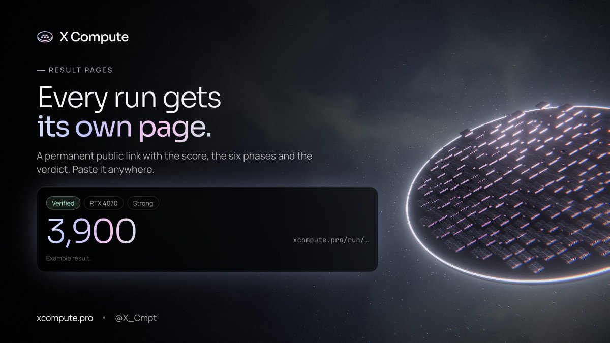 X_Cmpt's tweet photo. Every run gets its own page.

A permanent public link with the score, the six phases and the verdict. Paste it in a listing, a forum, a group chat.

Selling a GPU? Show what it does, not what the box says.

https://t.co/J55bfJCjSf https://t.co/YnYlpdZUmP