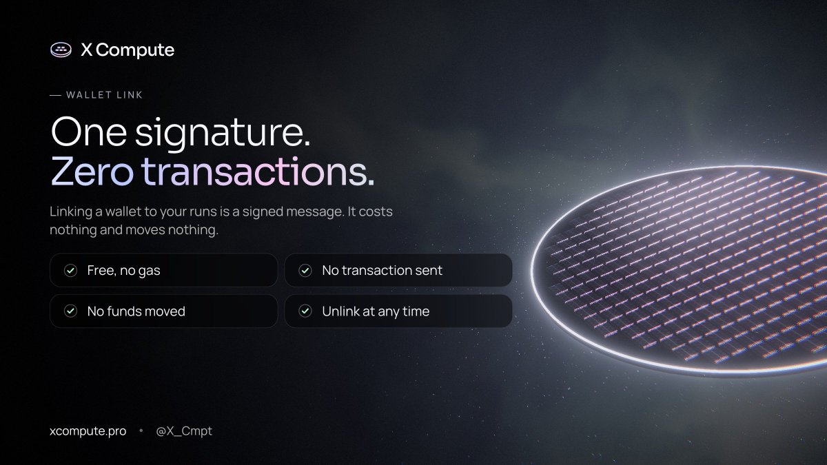 X_Cmpt's tweet photo. One signature. Zero transactions.

Linking a wallet to your runs is a signed message. No gas. No approval. Nothing leaves your wallet.

Unlink it whenever you want. Your points stay.

https://t.co/J55bfJCjSf

CA: 0x8ef46aa084cbe825d8060232322e9464feab5721 https://t.co/zuleYeui5H