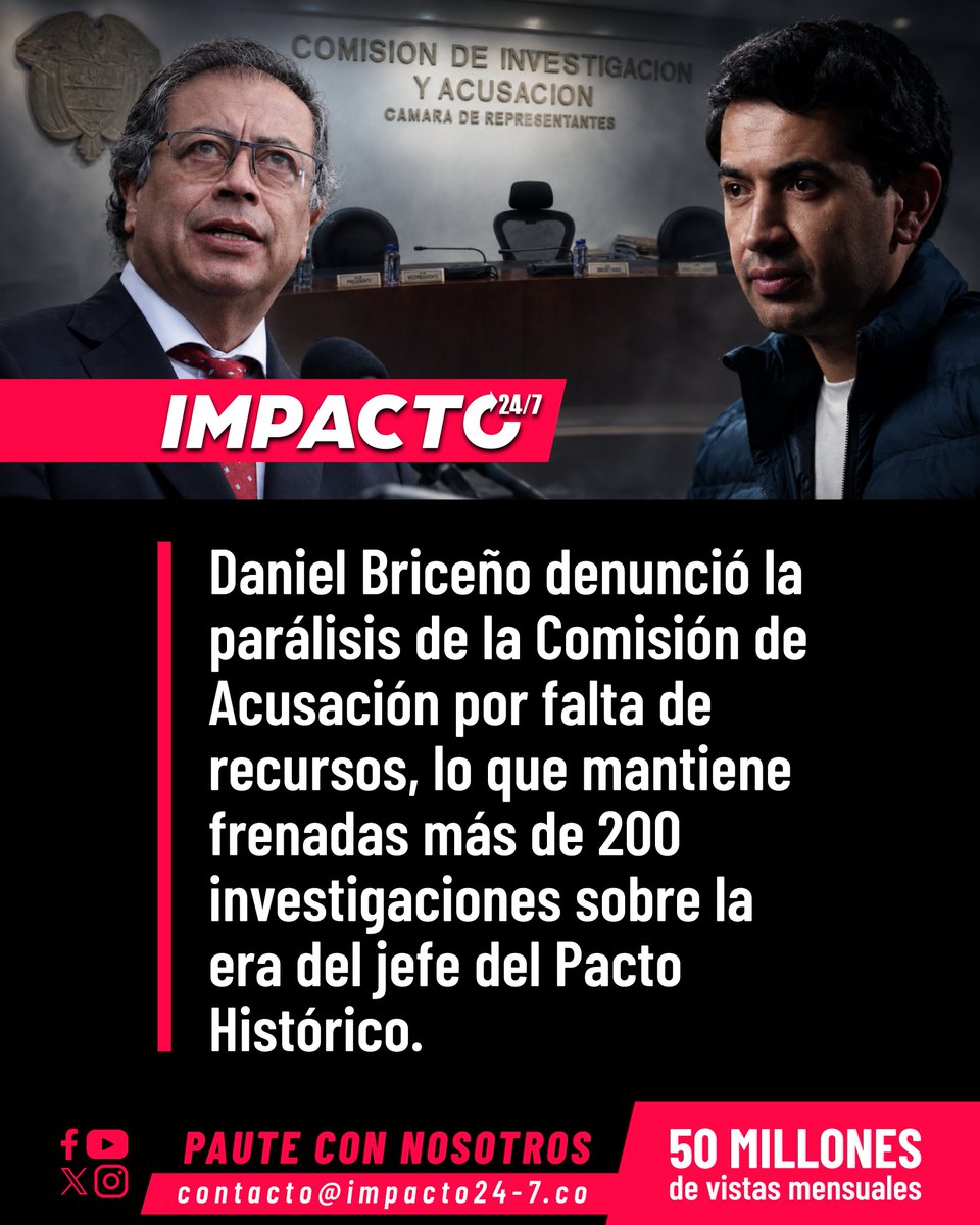 Impacto24_7's tweet photo. 🚨🇨🇴 PARÁLISIS EN COMISIÓN DE ACUSACIÓN IMPIDE JUSTICIA SOBRE LA IZQUIERDA | Dos meses después de instalado el nuevo Congreso en 2026, la Comisión de Investigación y Acusación permanece frenada y sin giros presupuestales. El representante Daniel Briceño calificó la situación de vergonzosa, pues se mantiene congelado el trámite de más de 200 expedientes contra Petro y sus aliados. La inacción ahoga las diligencias por corrupción cometida durante el cuatrienio del jefe del Pacto Histórico.