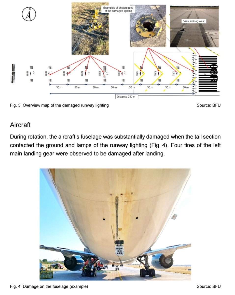 Turbinetraveler's tweet photo. BRAKES WERE ACTIVATED DURING A B787-9 TAKEOFF AND THE AIRCRAFT RAN OFF THE RUNWAY AT MUNICH.

A preliminary BFU investigation into a Vietnam Airlines Boeing 787-9 occurrence at Munich has found repeated brake pedal inputs during the take-off roll, with braking commands recorded on both sides.

The aircraft, bound for Hanoi with 271 passengers and 16 crew, took off at 240.9 tonnes with V1 169 kt, Vr 175 kt and V2 180 kt.

At 11:56:15 UTC, just seconds after TOGA was activated, the EAFR recorded rudder pedal input and movement of BOTH left-seat brake pedals.

The aircraft continued accelerating, but braking activity was recorded again.

At 11:57:12 UTC, the left BSCU recorded a maximum brake command of about 27%, while the right BSCU reached about 17%. The maximum recorded brake-pedal position was 7.2° out of a possible 12.5°.

Shortly before rotation, the PM manually increased thrust from 100% to 101% N1.

Then came the critical moment.

At 11:57:14 UTC, rotation began at just 163 kt below the calculated Vr of 175 kt about abeam the runway threshold.

The 787-9 lifted off from the grass beyond the runway 08R threshold. Its main landing gear and tail struck runway approach-lighting equipment, damaging 20 lamps.

The aircraft climbed away, but the consequences of the takeoff became apparent.

At 11:57:21 UTC, the leading-edge slats automatically extended as the aircraft's stall-protection system activated.

At 11:57:22 UTC, TOGA mode was activated.

V2 of 180 kt was finally reached at 76 ft radio altitude, followed by landing-gear retraction.

The aircraft later returned to Munich after dumping approximately 62 tonnes of fuel.

During the subsequent approaches, the crew reported expecting a flat tire on takeoff. Four tires on the LEFT main landing gear were found damaged after landing.

The aircraft had suffered substantial fuselage damage when the tail contacted the ground and runway lighting.

There were no injuries.

The BFU has seized the Brake System Control Units (BSCUs) and Electric Brake Actuator Controllers for detailed examination.

The investigation is ongoing, but the preliminary data paints a remarkable picture: brake inputs were recorded during the takeoff roll, braking commands were registered by both BSCUs, the aircraft rotated below the calculated Vr, and the 787-9 left the paved runway surface before becoming airborne.

Think about this, a 240.9-tonne Boeing 787-9 Dreamliner, accelerating for takeoff, while the brakes were being applied.

The final cause  and why the braking occurred remains to be determined.