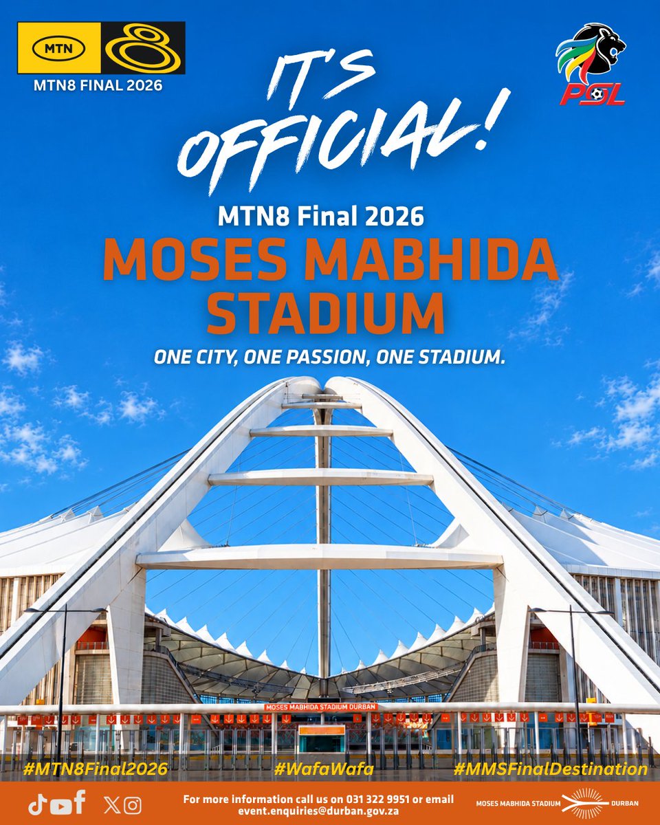 MMStadium's tweet photo. THE FINAL HAS FOUND ITS HOME. 🏟️🔥

We’re officially set to host the MTN8 Final on Saturday, 10 October 2026. 

Tickets - R150 available ONLINE ONLY @opentickets.za (From Friday 02 October 2026 at 10h00am) | Kick off - 18:00pm 

MTN8 Wafa Wafa. There Can Only Be One.
Durban, are you ready? 👀🔥

#MTN8Final #MosesMabhidaStadium #WafaWafa #Durban