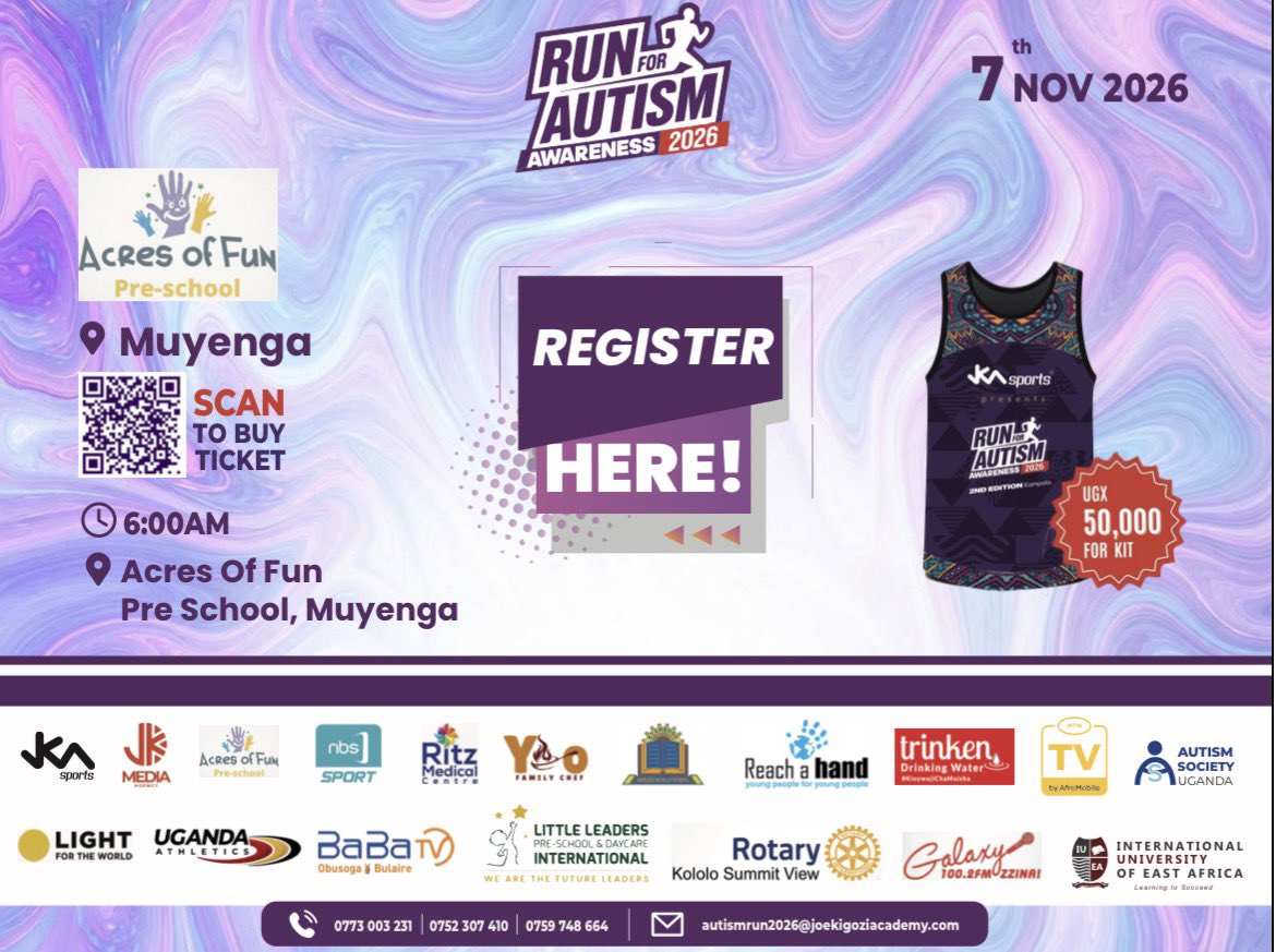JKA_autismrun's tweet photo. π½ Autism Run 2026 kits are ready!
Pick up or buy yours at Acres of Fun Pre school Muyenga .
π Saturday 7 November 2026
π Acres of Fun, Muyenga
π° UGX 50,000
Already registered? Bring your receipt or scan to buy a ticket.
#letsrunforthem https://t.co/Nv9Aka2Hdk