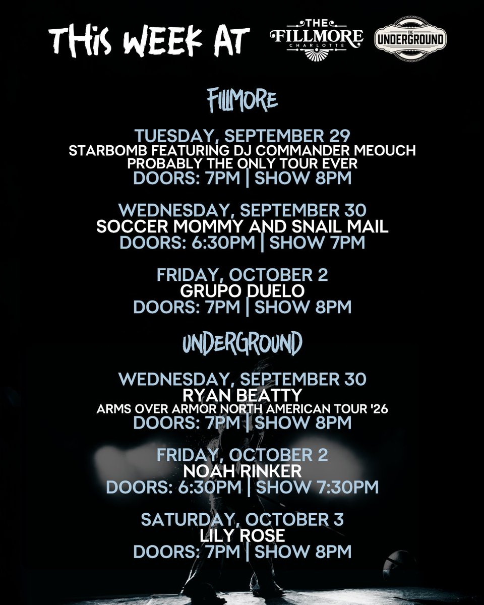 FillmoreNC's tweet photo. THIS WEEK at The Fillmore Charlotte and Underground! 💙 Tickets: https://t.co/Z45UMD1iCC https://t.co/ake3spYI2u