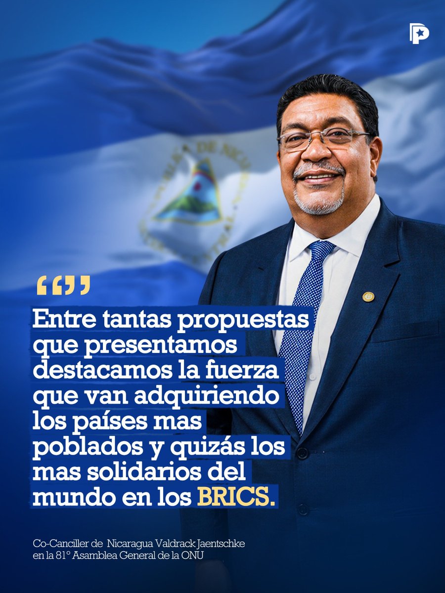PrensaPopulr's tweet photo. 🇳🇮🌎 El cocanciller de Nicaragua en su intervención en la 81.ª Asamblea General de la ONU destacó el creciente peso de los países del BRICS, resaltando su papel en la promoción de la paz, la seguridad y un desarrollo solidario y complementario entre las naciones. https://t.co/Zta0fZaCqh