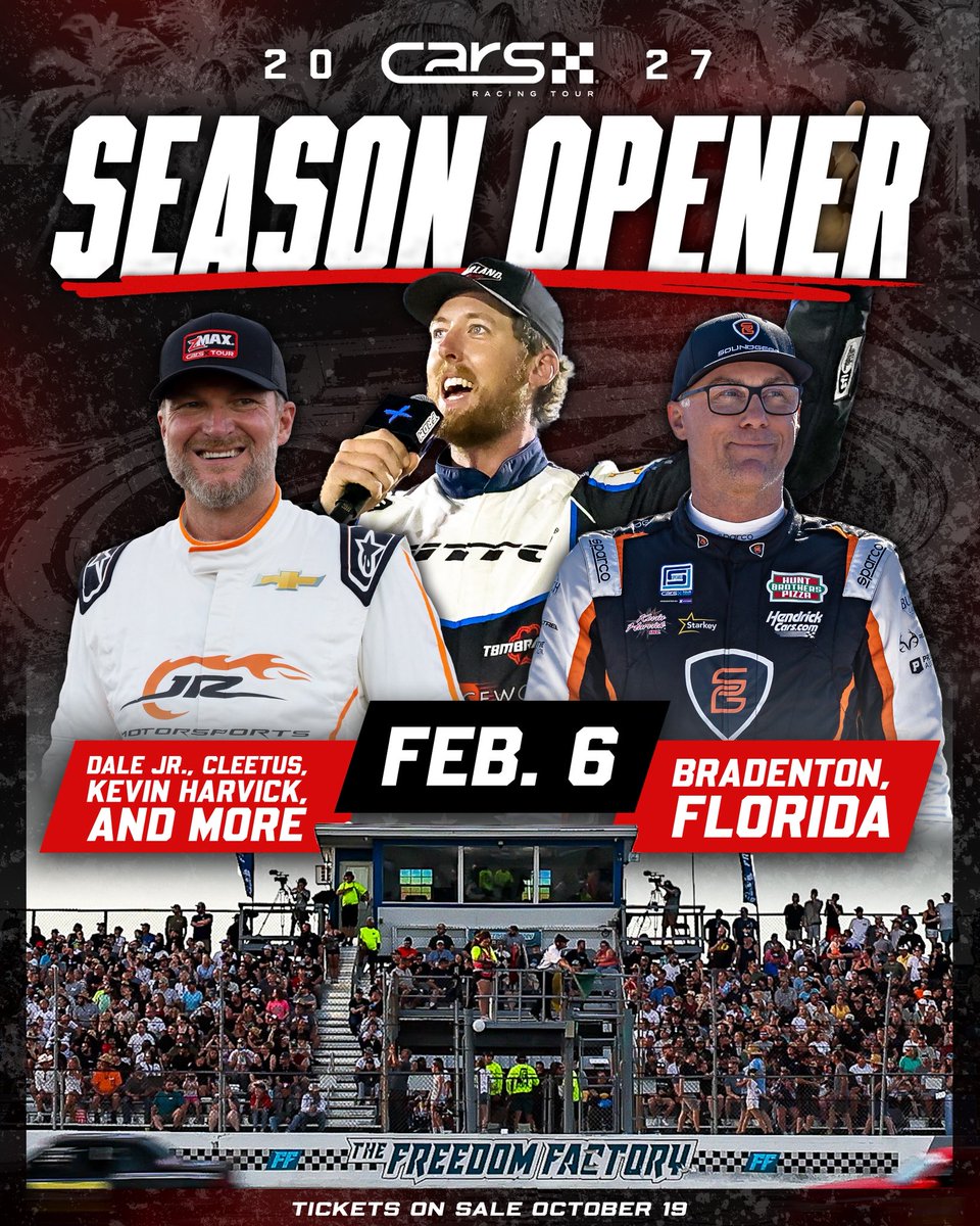 CARSTour's tweet photo. We’re heading to Freedom Factory, brother 🇺🇸

The 2027 CARS Tour season kicks off in Bradenton, FL with Cleetus McFarland, @DaleJr, @KevinHarvick and more. Tickets go on sale October 19. 

🗞️ Read more: https://t.co/08uLVZHAU3

@zMAXproducts | @SoundGearHear | @FloRacing https://t.co/z7NtEUEdUI