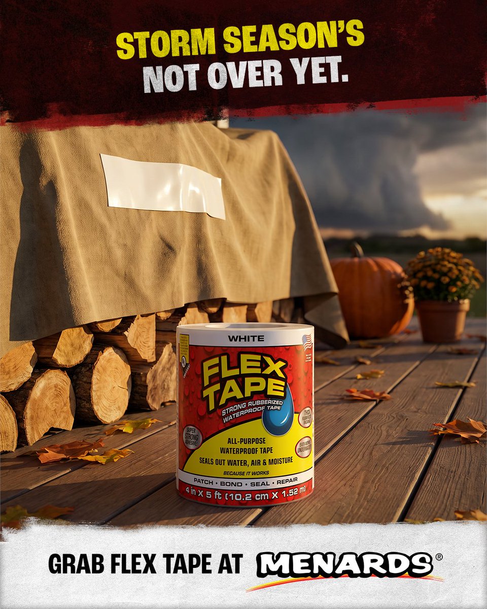 GetFlexSeal's tweet photo. Did you know that storm season can run all the way into December? We, for one, would like to see you prepared. Grab Flex Tape at @Menards today. #flexseal #flextape https://t.co/izIK54gVUH