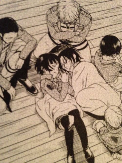 leviatics's tweet photo. i don't know where these panels are from but aw miche and nanaba all curled up together, and hange asleep beside nifa and levi leaning against hange, this is so fucking cute, I adore them sm https://t.co/nCOX2MYsMa
