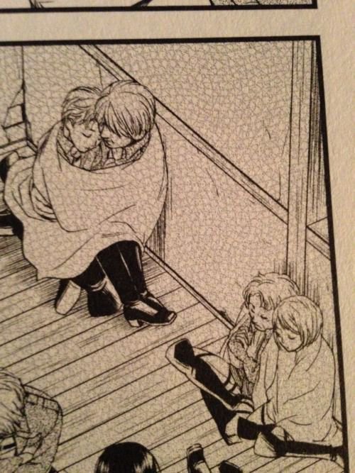 leviatics's tweet photo. i don't know where these panels are from but aw miche and nanaba all curled up together, and hange asleep beside nifa and levi leaning against hange, this is so fucking cute, I adore them sm https://t.co/nCOX2MYsMa