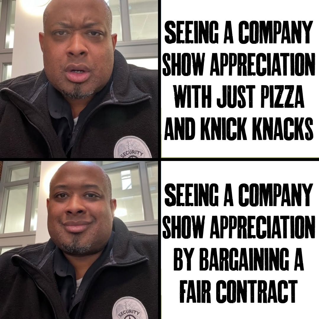 SEIU's tweet photo. ICYMI, this past weekend marked National Security Officer Appreciation Week. Taking a #StandForSecurity isn’t about free pizza or cheap giveaways. Security officers need more than gestures—they need a fair union contract, living wages, and tools and training to keep our communities safe. Real appreciation starts with real action.