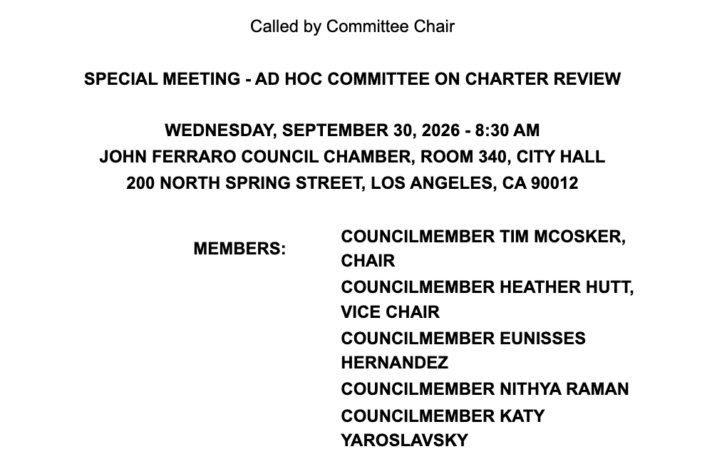 UnrigLA's tweet photo. The first meeting of the Ad Hoc Committee on Charter Review will occur this Wednesday at 8:30am and will include a presentation from Raphe Sonenshein. https://t.co/V8N9T6QDxx
