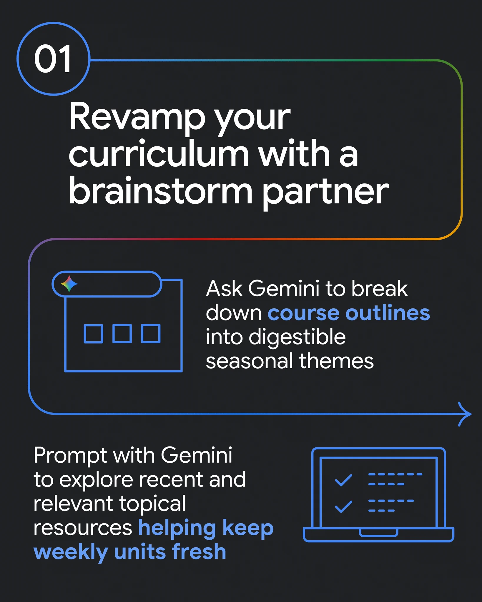 Tip 01: Revamp your curriculum with a brainstorm partner. Ask Gemini to break down course outlines into digestible seasonal themes and prompt Gemini to explore recent and relevant topical resources to keep weekly units fresh.
