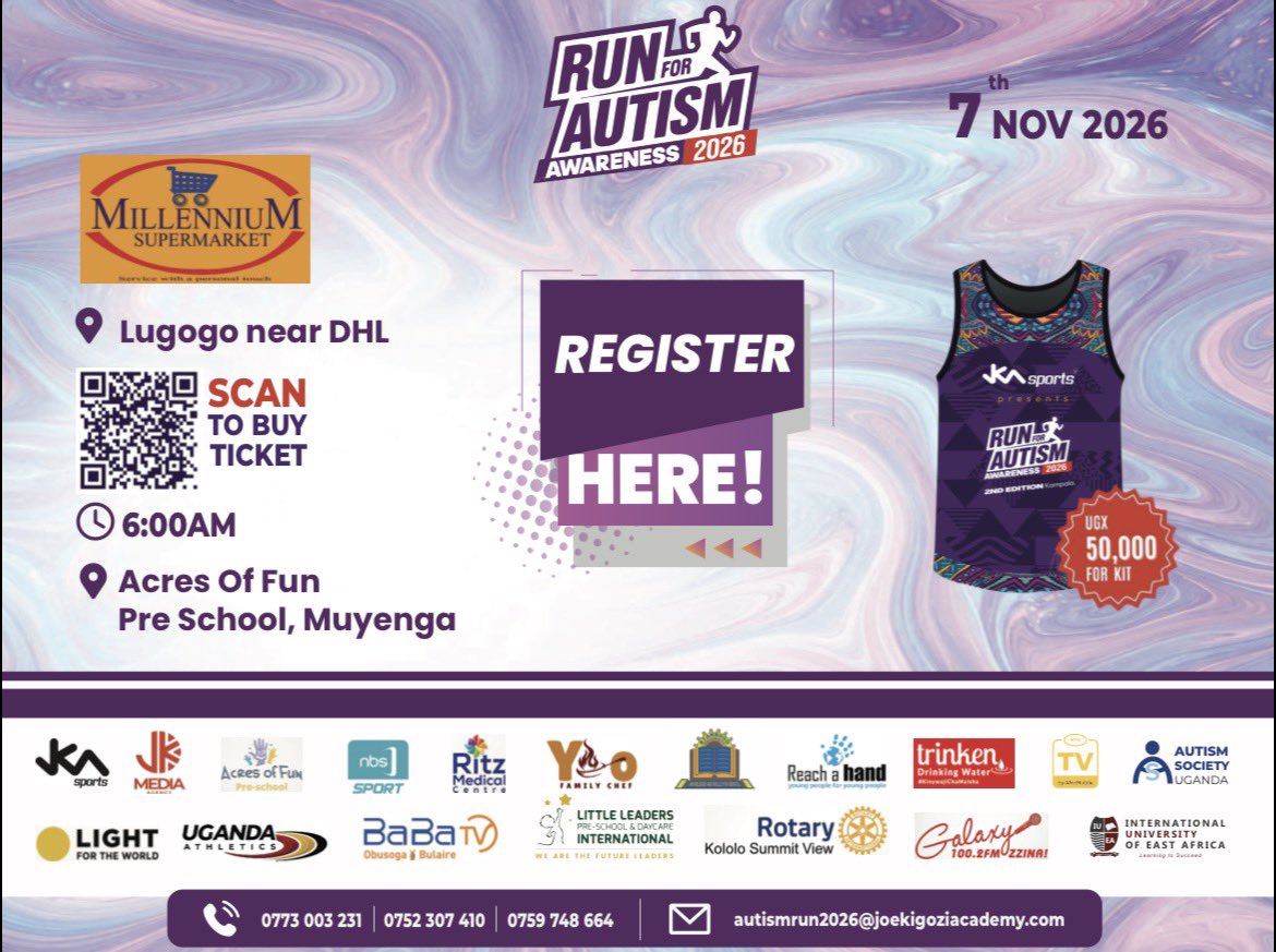 JKA_autismrun's tweet photo. π½ Autism Run 2026 kits are ready!
Pick up or buy yours at Millennium Supermarket Luggogo.
π Saturday 7 November 2026
π Acres of Fun, Muyenga
π° UGX 50,000
Already registered? Bring your receipt or scan to buy a ticket.
#letsrunforthem https://t.co/48sRsdIIq9