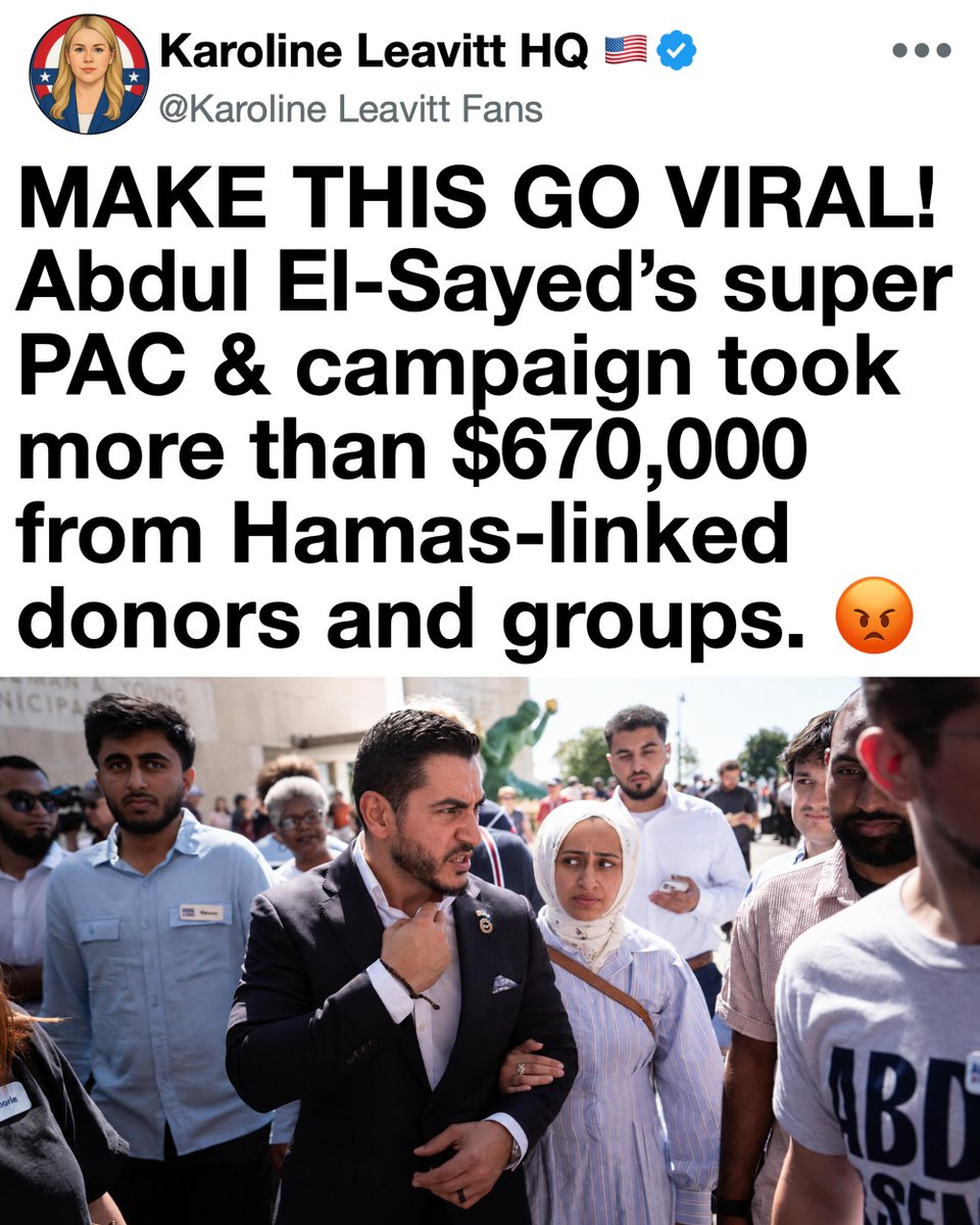larry_mcwethy's tweet photo. MAKE THIS GO VIRAL! Voters deserve to know who is bankrolling a candidate who could soon sit on committees that shape American foreign policy and national security. When a Senate hopeful’s campaign and allied super PAC accept hundreds of thousands of dollars from donors and organizations with documented connections to Hamas-linked networks, the issue is no longer abstract. It is a question of judgment and of whose interests will be represented in Washington.

El-Sayed has built his brand on taking money out of politics, yet the same operation has welcomed large contributions from CAIR-affiliated officials, a father-in-law tied to groups named in the Holy Land Foundation case, and PACs that openly celebrate organizing inside mosques. Those groups were not obscure civic associations. Federal prosecutors and a federal judge found ample evidence linking them to Hamas fundraising.

A Senate seat is not a community organizing prize. It comes with classified briefings, influence over aid and sanctions, and a vote on the nation’s response to terrorism. Michigan and the country should demand a full accounting of every dollar and a clear explanation of why these relationships were cultivated in the first place.