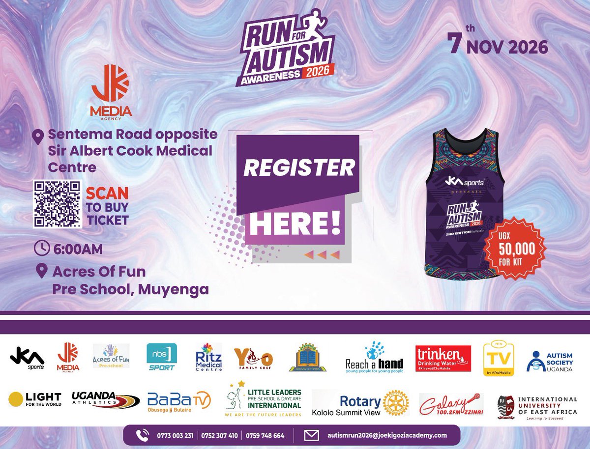 JKA_autismrun's tweet photo. π½ Autism Run 2026 kits are ready!
Pick up or buy yours at JKA sports and media agency offices .
π Saturday 7 November 2026
π Acres of Fun, Muyenga
π° UGX 50,000
Already registered? Bring your receipt or scan to buy a ticket.
#letsrunforthem https://t.co/fhUNpZOW2r