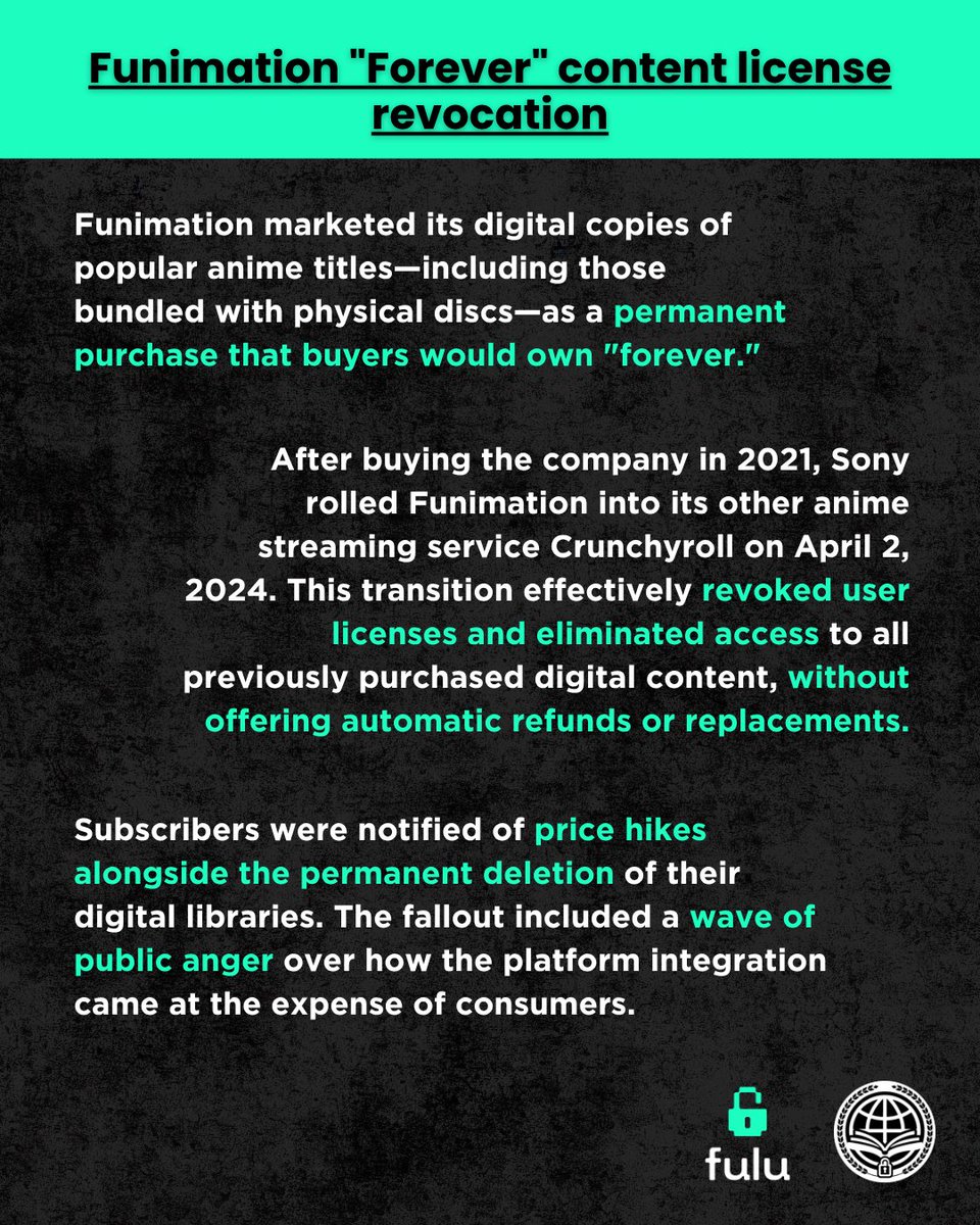 FuluFoundation's tweet photo. Guess who's at the scene of the crime once again? 🫠

This week on the https://t.co/DqtqUG3ugM Hall of Shame, we're discussing Funimation and how their shutdown wiped away paid digital copies with no refund and no replacement.  

Until we stand up to Digital Rights Management, every "purchase" we make becomes a rental that can be revoked at any point. 

Read the full article: https://t.co/xu6waZ7vdw