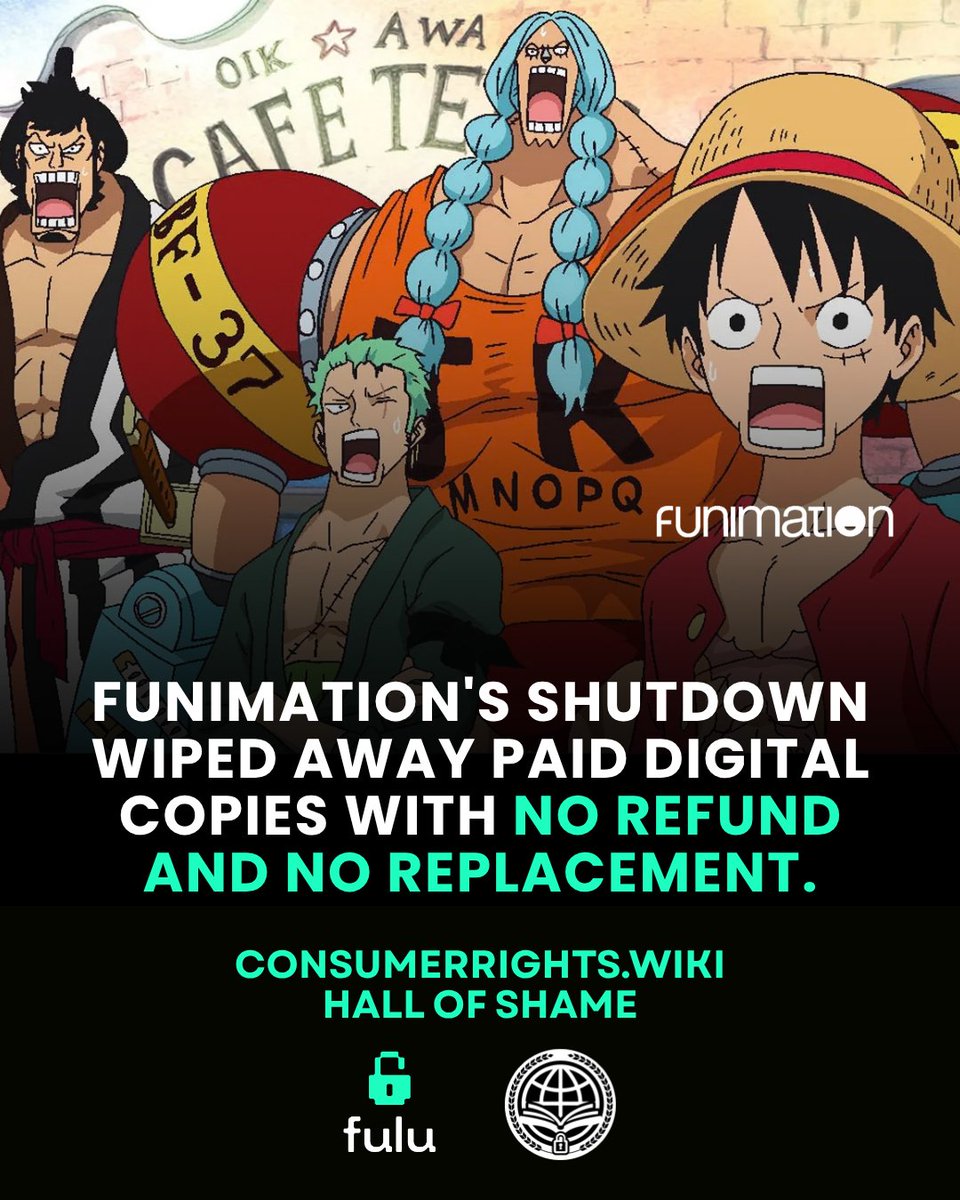 FuluFoundation's tweet photo. Guess who's at the scene of the crime once again? 🫠

This week on the https://t.co/DqtqUG3ugM Hall of Shame, we're discussing Funimation and how their shutdown wiped away paid digital copies with no refund and no replacement.  

Until we stand up to Digital Rights Management, every "purchase" we make becomes a rental that can be revoked at any point. 

Read the full article: https://t.co/xu6waZ7vdw