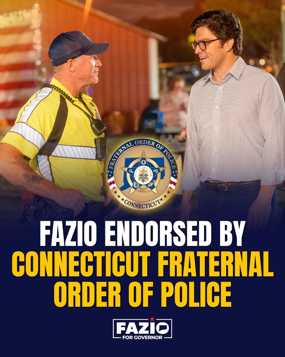 ryanfazio's tweet photo. 🚔 POLICE ENDORSEMENT: I’m honored to have the support of the Connecticut State Fraternal Order of Police and the brave men and women who put on the uniform every day to keep our communities safe. I have always stood with our officers and supported policies that give them the resources, support, and authority they need to do their jobs — in opposition to Lamont’s radical policies that tie their hands. Connecticut is struggling to recruit and retain law enforcement officers, and too many of our officers are being asked to do more with less because of restrictive laws the governor supported and passed.

Gov. Lamont has repeatedly undermined our law enforcement, most notably by passing the 2020 Police Reform Bill despite opposition from thousands of police officers. We need leadership that puts public safety over political ideology.

As governor, I will stand with our officers, make public safety and safe streets a priority, and be the governor our law enforcement community needs.