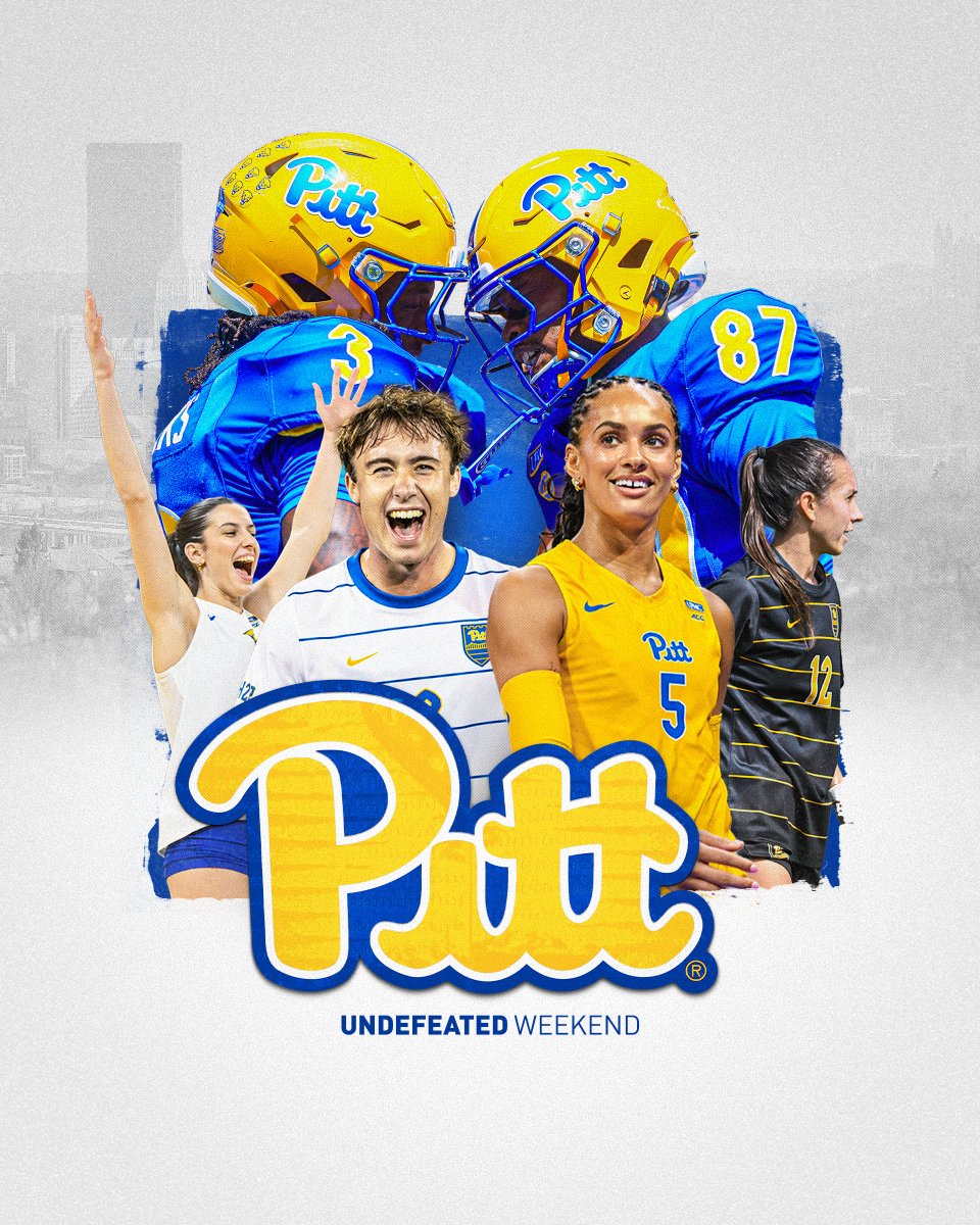 Pitt_ATHLETICS's tweet photo. WHAT A WEEKEND 😼

🔵 @Pitt_VB took down Cal 3-0 &amp; No. 12 Stanford 3-0
🟡 @Pitt_MSOC beat No. 16 Louisville 1-0
🔵 @Pitt_FB defeated Bucknell 59-0
🟡 @Pitt_WSOC tied No. 4 Duke 0-0 https://t.co/kc7NX14LXF