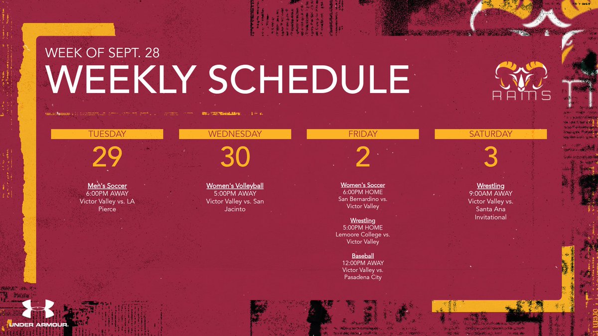 VVC_RAMS's tweet photo. ππ₯ GAMES OF THE WEEK π₯π
Another week of Rams Athletics is here!
Check out this weekβs schedule and follow along as our Rams compete at home and on the road. Letβs keep the momentum going! πͺ
#GoRams #VVCAthletics #RamFamily #GamesOfTheWeek https://t.co/YFHAcFGI32