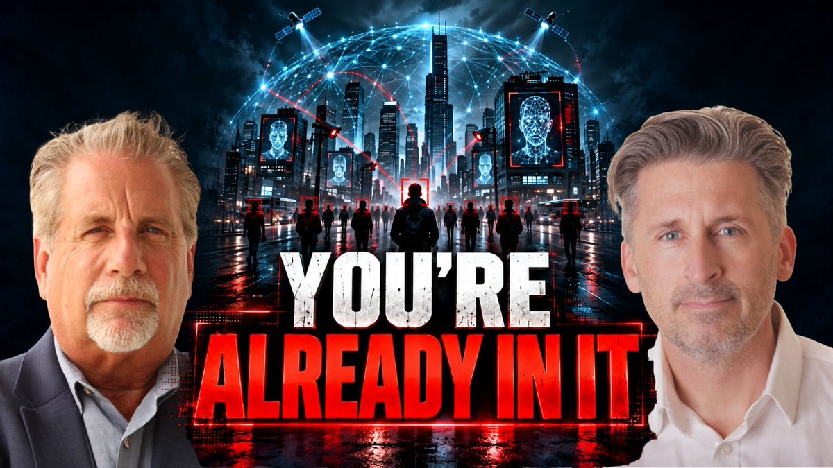 A YouTube thumbnail featuring two men flanking the text 'YOU'RE ALREADY IN IT' against a dystopian cityscape background with surveillance imagery.