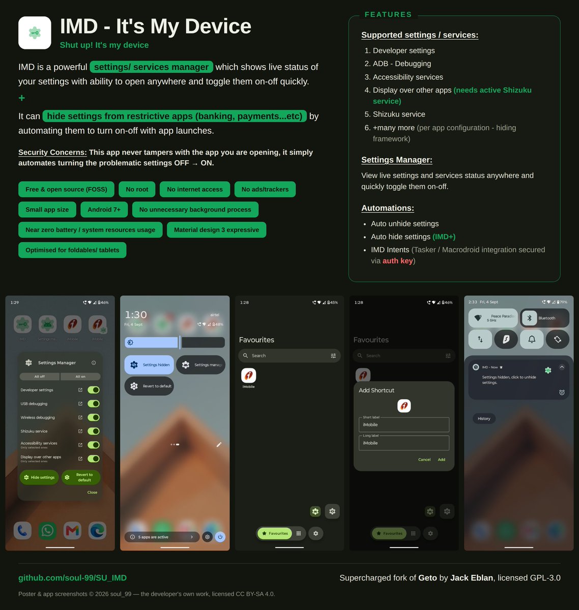 TechBit_M's tweet photo. أداة قوية لمستخدمي أندرويد اسمها SU_IMD

إذا كنت تواجه مشكلة في تشغيل بعض التطبيقات بسبب تفعيل Developer Options أو ADB أو Shizuku، فهذه الأداة تحل المشكلة 

عن طريق إخفاء الإعدادات المطلوبة تلقائيًا عند تشغيل التطبيق، وبعد الانتهاء يرجع كل شيء مثل ما كان 

مفيدة خاصة مع بعض التطبيقات البنوك 

• بدون Root
• مفتوحة المصدر
• تدعم الأتمتة عبر Tasker