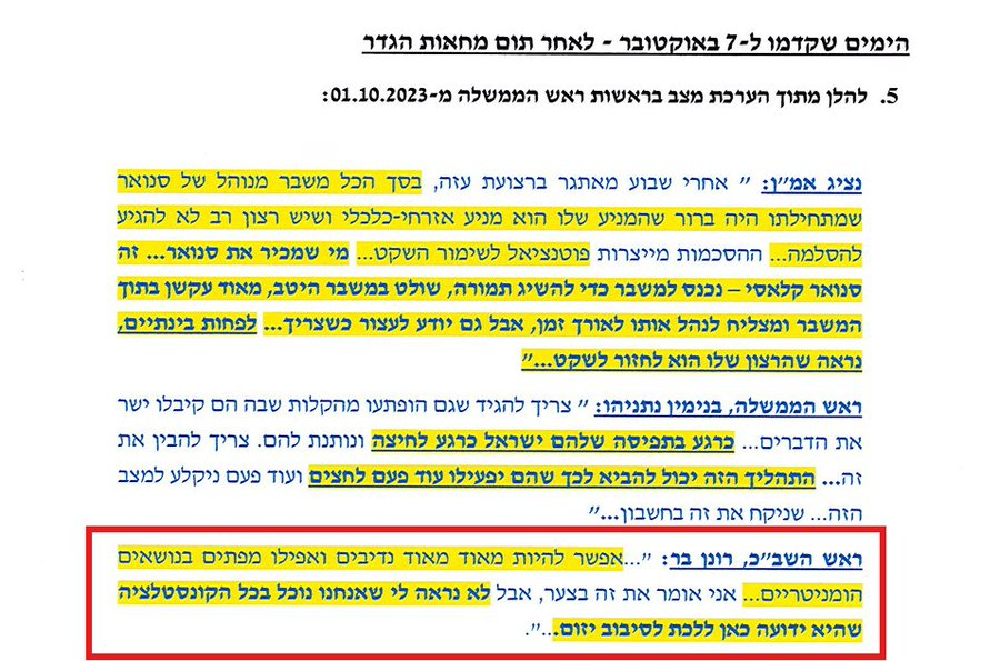 YOSSIBAUM's tweet photo. עזות מצח ברמות אחרות: רואה שאבי הכישלון רונן בר, מעז להאשים את נתניהו כאילו הוא התריע על אסון קרב ונתניהו התעלם. 
אז רק אניח כאן מתוך הפרוטוקולים: לפחות 5 פעמים בשבועיים שקדמו לטבח, כולל 3 ימים לפני הטבח, טען השב"כ ורונן בר אישית - כי חמאס *אינו מעונין* בלחימה אלא **בהסדרה** https://t.co/HUcH0a4Mob