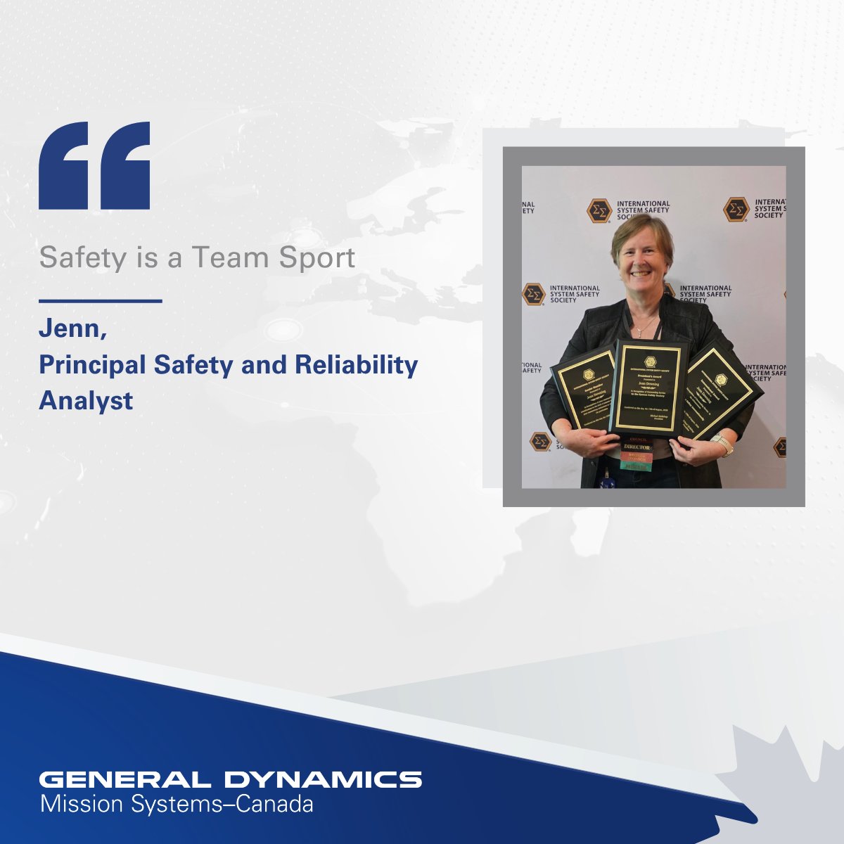 GDMS_C's tweet photo. We are incredibly proud of Jenn Downing for receiving three @ISSSDirPub awards: Senior Member, International Award, and the President's Award. These honours reflect years of leadership, dedication, and commitment to advancing system safety worldwide. Congratulations, Jenn, on this well-deserved recognition! 👏