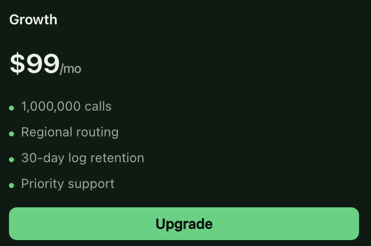 pumpGETfun's tweet photo. Predictable pricing for every stage:

Free: 10K calls/month
Starter: 100K calls, $29/month
Growth: 1M calls, regional routing, $99/month

Plus an alert at 80% usage, so a bill never catches you off guard.

https://t.co/iIP0Y3AvxU https://t.co/9jbt7vIBeF