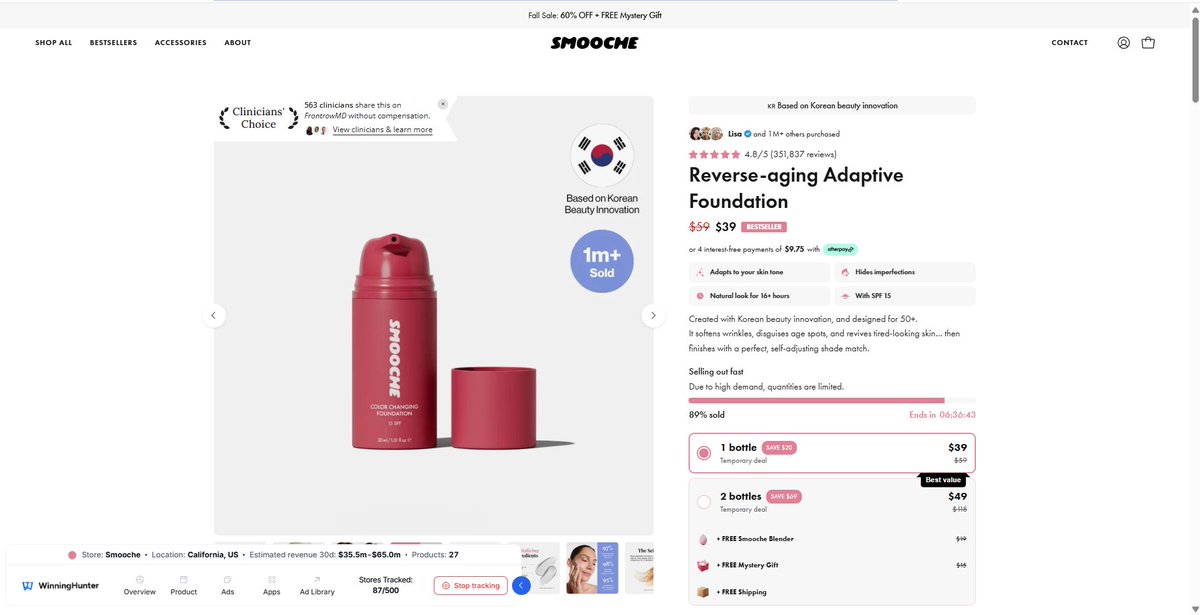 GlennNieuwenh's tweet photo. Filtering the same brand by US and UK ads inside @winninghunt surfaced two landing pages for the same foundation

One leads with the product mechanism:

Color-changing foundation that adapts to your skin tone

The other leads with a specific customer:

Reverse-aging foundation designed for women over 50

Same product
Same $39 price
Same core visuals and bundle structure
Different reason to buy

But this reveals an important distinction

The country filter shows where the ads are being distributed

It does not automatically mean the buying experience has been localized for that country

Both pages still use USD and largely the same purchase mechanics

The bigger change is the positioning:

- Broad shade-matching versus a defined age group
- Blemishes and redness versus wrinkles and age spots
- Product novelty versus a demographic-specific outcome
- General benefits versus more explicit proof points

When I compare results across countries, I separate four things:

- Where the ad is running
- Which creative angle is being used
- How the landing-page promise changes
- Whether the price, shipping, proof and checkout are genuinely localized

If only the headline and benefits change, the brand is segmenting its message

If the offer and buying experience change too, the brand is adapting to the market

A different URL does not automatically mean localization

Sometimes it simply means the same product is being sold through a different argument.