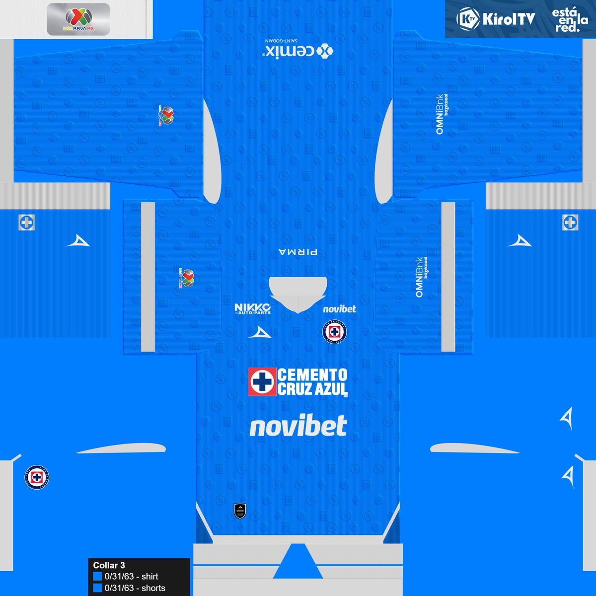 KirolTV's tweet photo. Fix 2. Cruz Azul Casa. 
Yo, todo menso, le piqué 👁 ocultar al patrón de escudos de la camiseta y se me olvidó reactivarlo. Además faltaba la vista blanca en el short. Acá está corregido. 

@petriz17x https://t.co/feTeUZeJk3