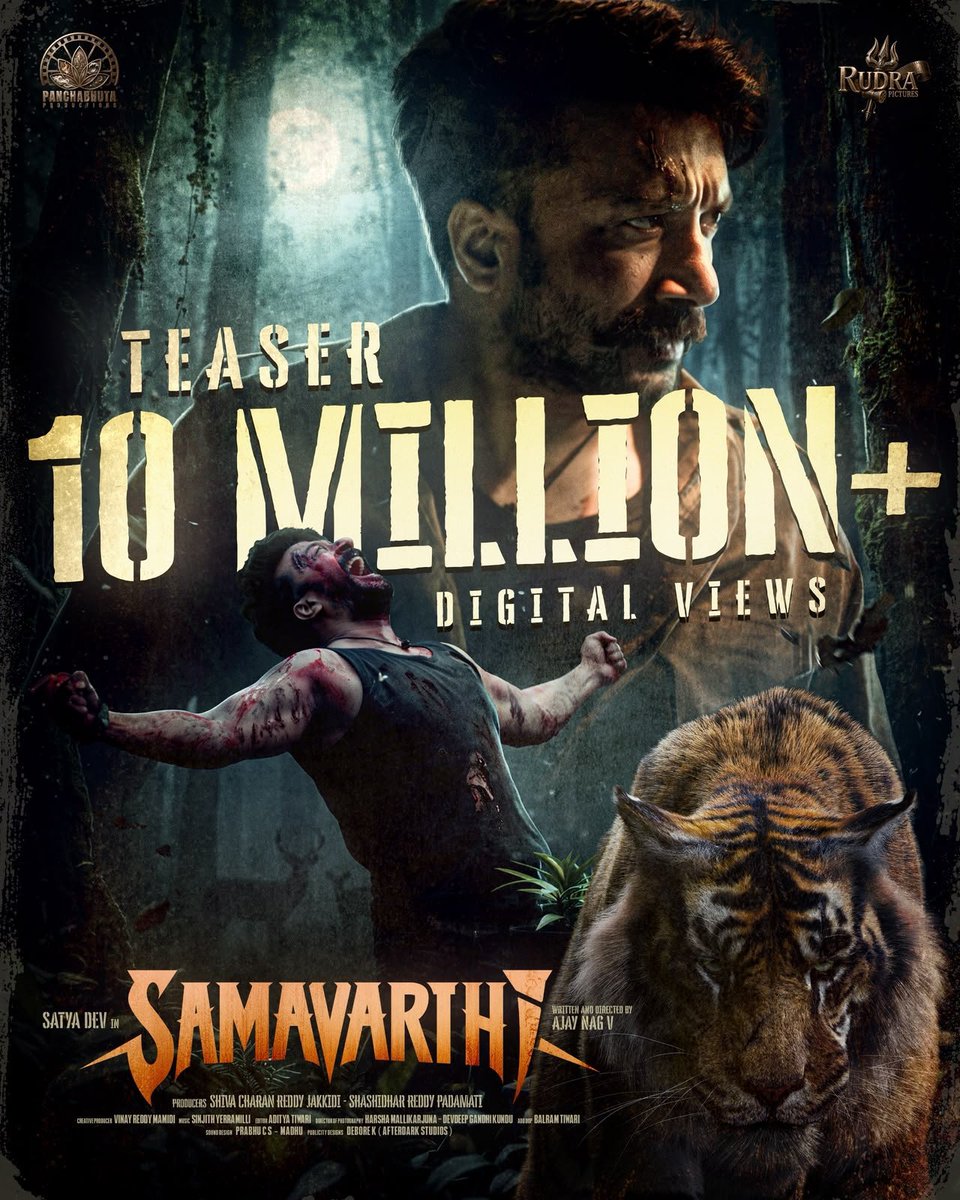 Samsaari9's tweet photo. 10 MILLION+ DIGITAL VIEWS &amp; COUNTING 
#SamavarthiTeaser 💥

Written &amp; Directed by @AjayNagV🎬
Produced by @JakkidiShivaIYC

@ActorSatyaDev @iDileeshPothan @RajeevCo @SinjithYerramil @Rudra_Pictures @PanchabhutaOffl https://t.co/7x9MtURCEh